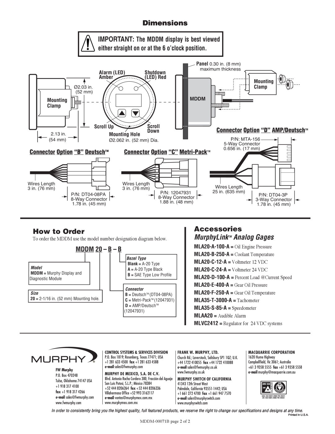 Murphy specifications Dimensions, How to Order, Accessories, MurphyLinkTM Analog Gages, MDDM 20 - B - B 