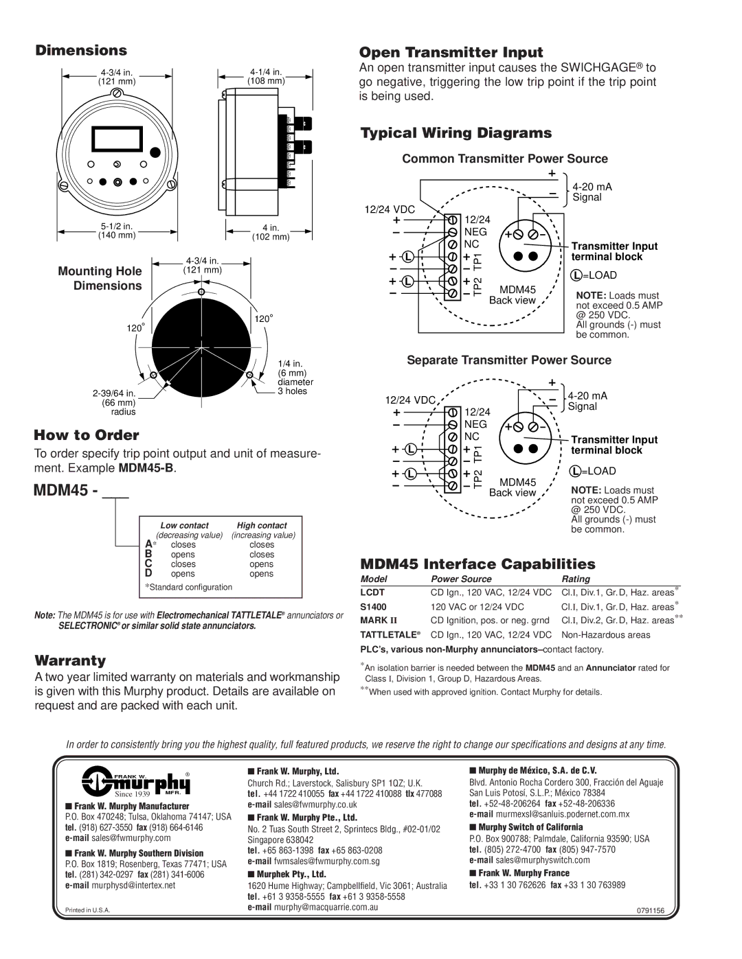 Murphy Dimensions, Open Transmitter Input, Typical Wiring Diagrams, How to Order, MDM45 Interface Capabilities 