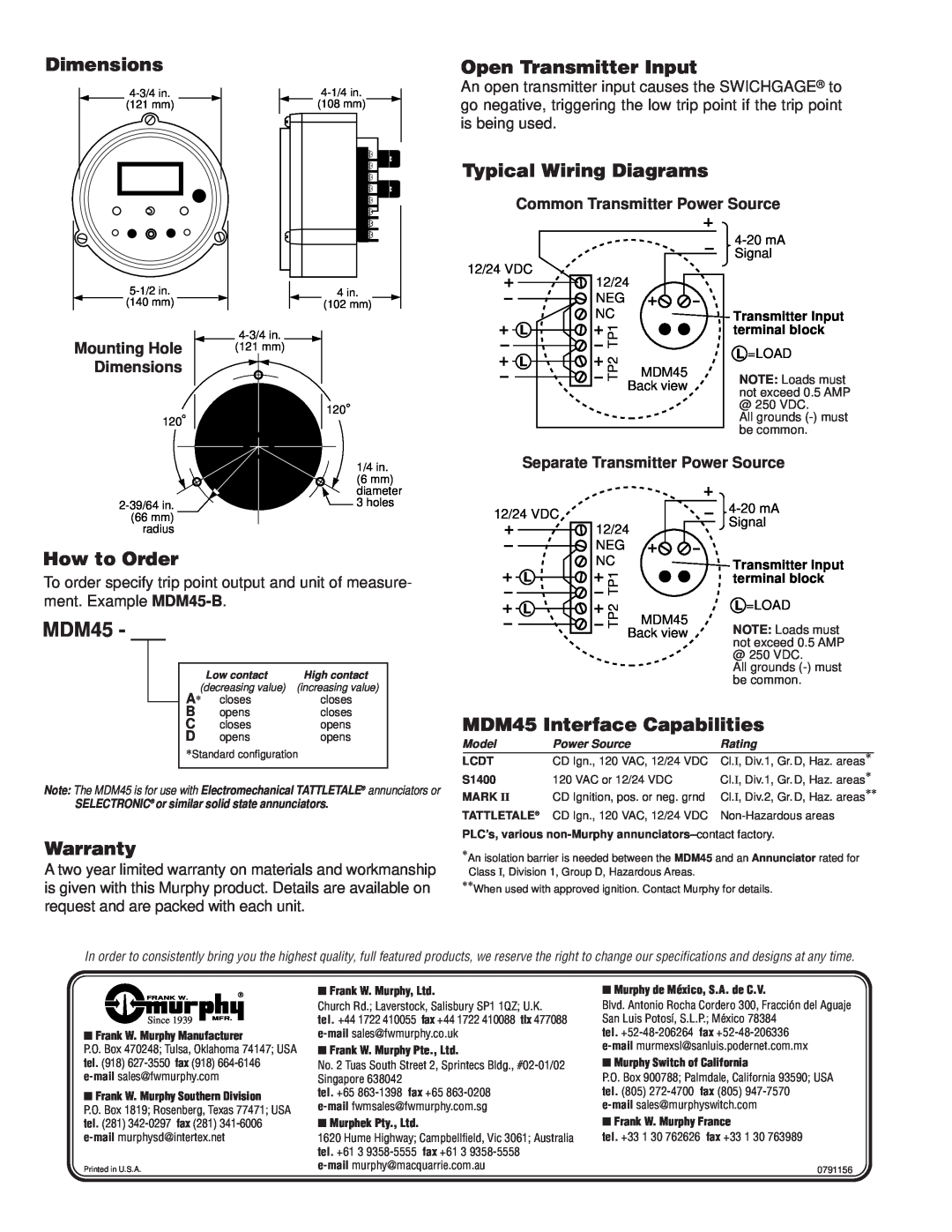 Murphy Dimensions, Open Transmitter Input, Typical Wiring Diagrams, How to Order, MDM45 Interface Capabilities 