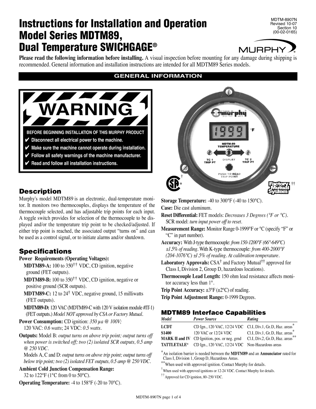 Murphy specifications MDTM89 Interface Capabilities, General Information 