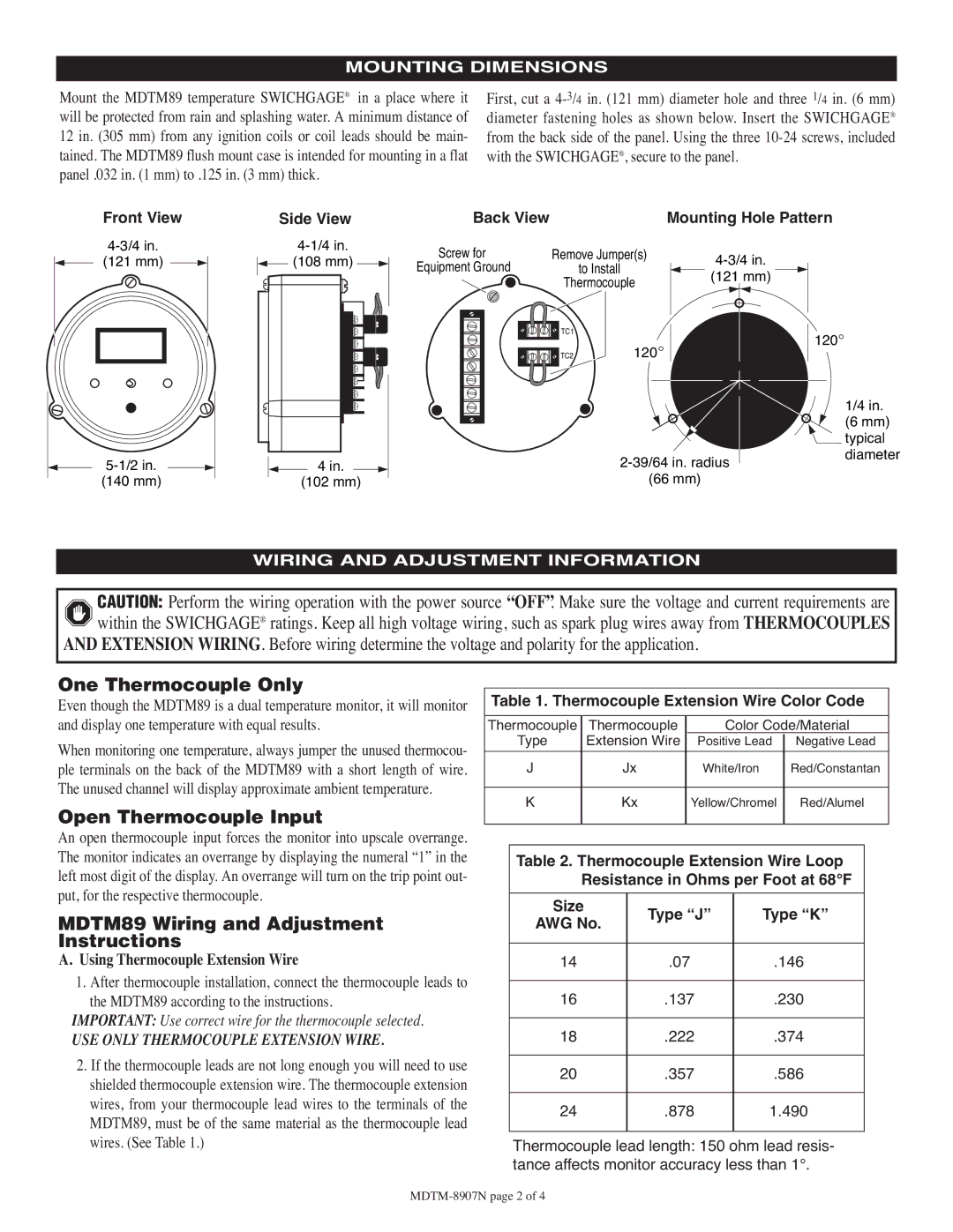 Murphy specifications One Thermocouple Only, Open Thermocouple Input, MDTM89 Wiring and Adjustment Instructions 