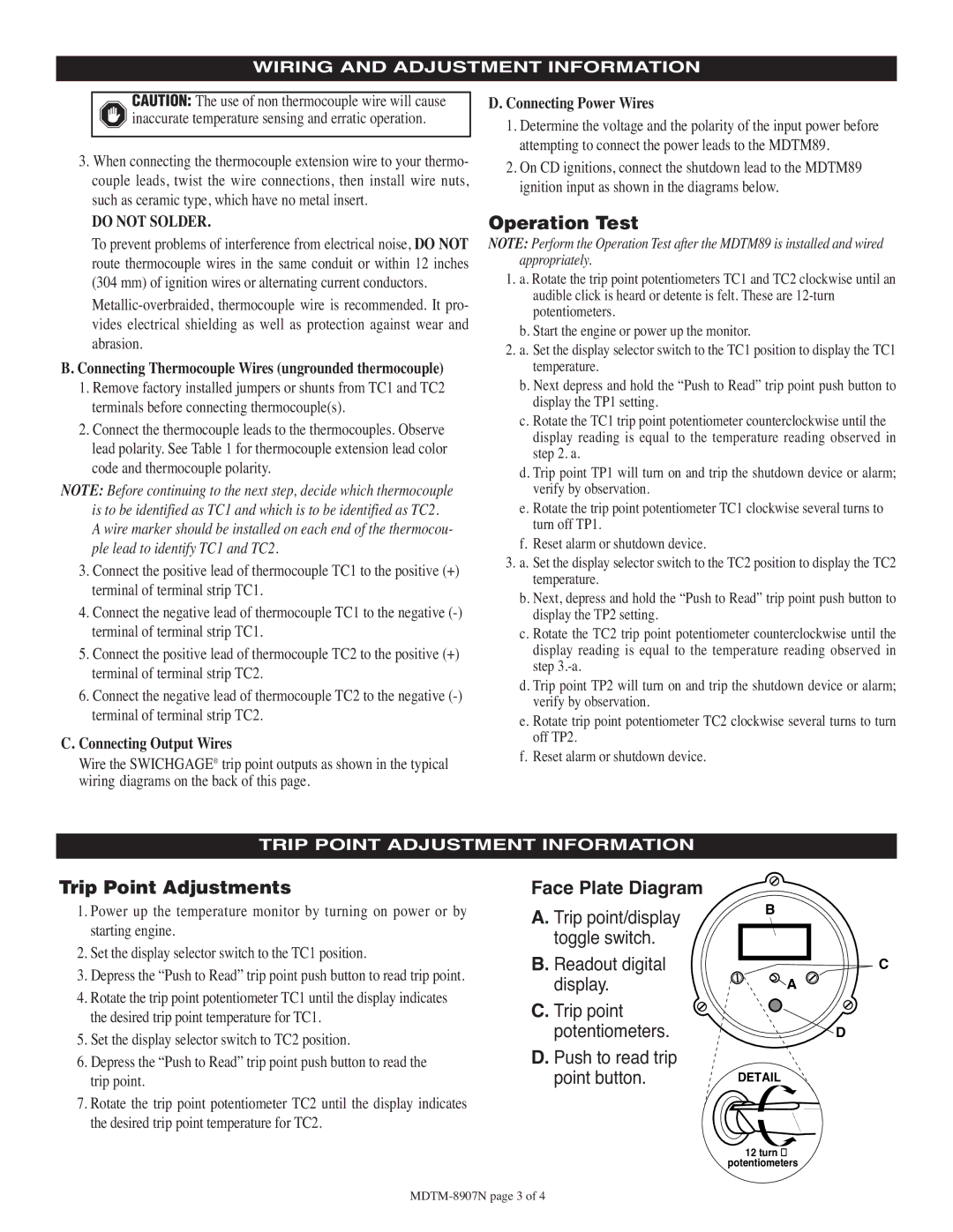 Murphy MDTM89 Operation Test, Trip Point Adjustments, Face Plate Diagram, Connecting Output Wires, Connecting Power Wires 