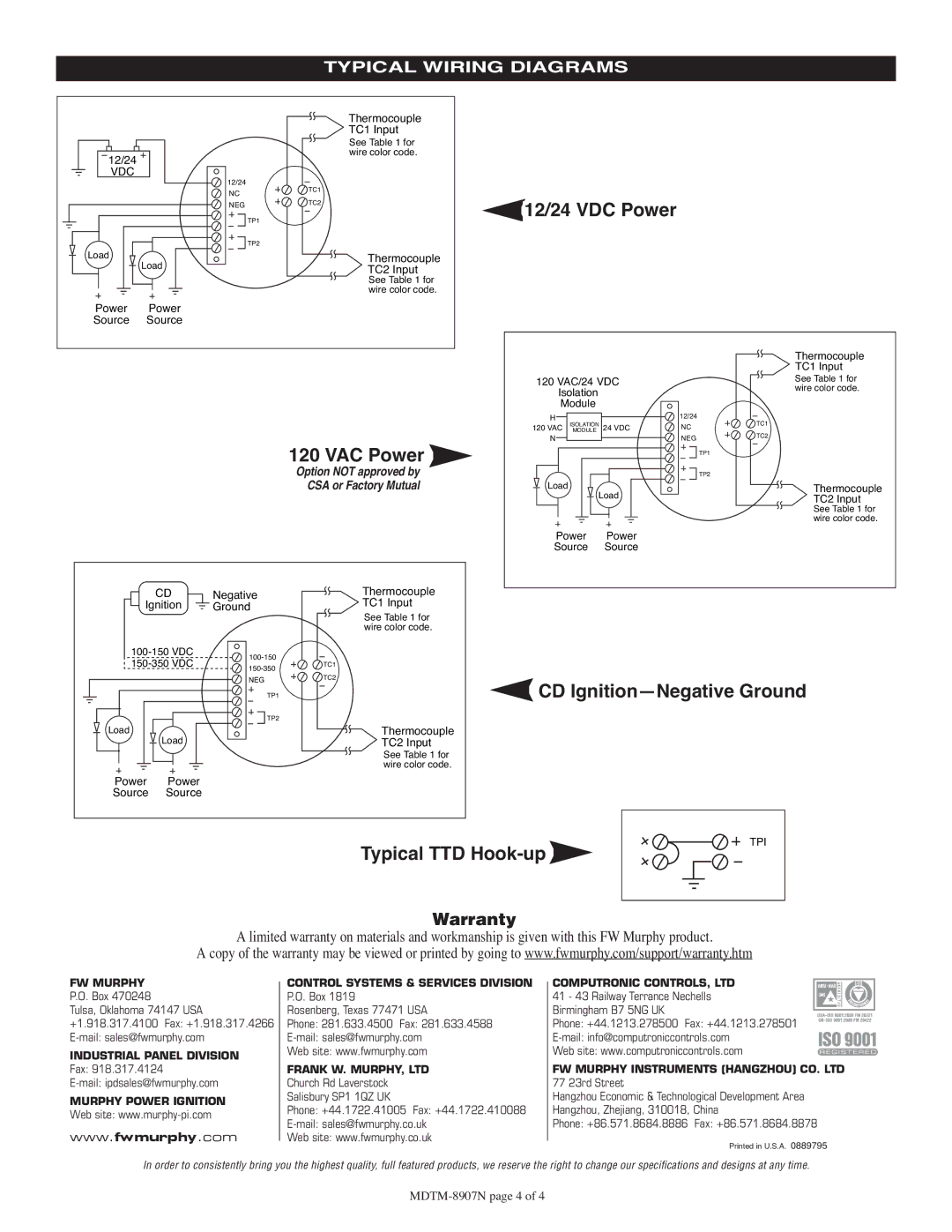 Murphy MDTM89 12/24 VDC Power, VAC Power, CD Ignition-Negative Ground, Typical TTD Hook-up, Typical Wiring Diagrams 