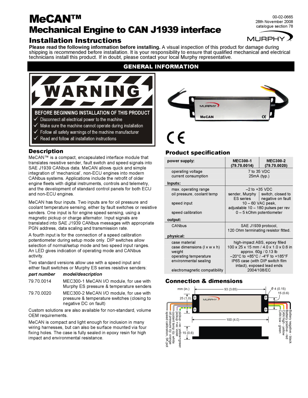 Murphy MEC300-1 installation instructions General Information, Description, Product specification, Connection & dimensions 