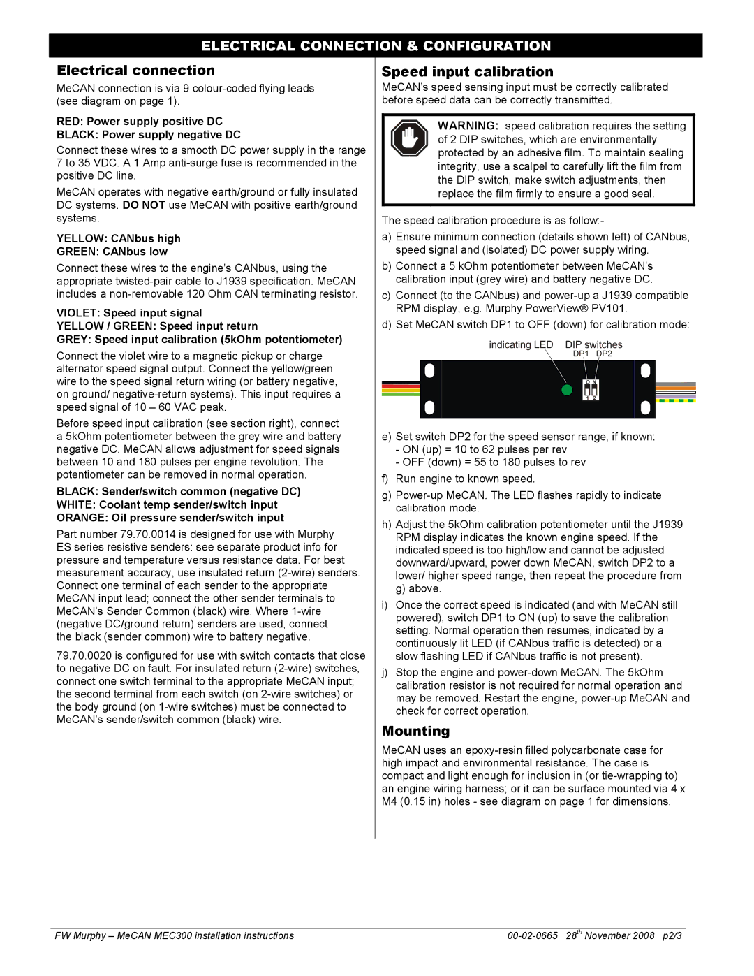 Murphy MEC300-2, MEC300-1 Electrical Connection & Configuration, Electrical connection, Speed input calibration, Mounting 