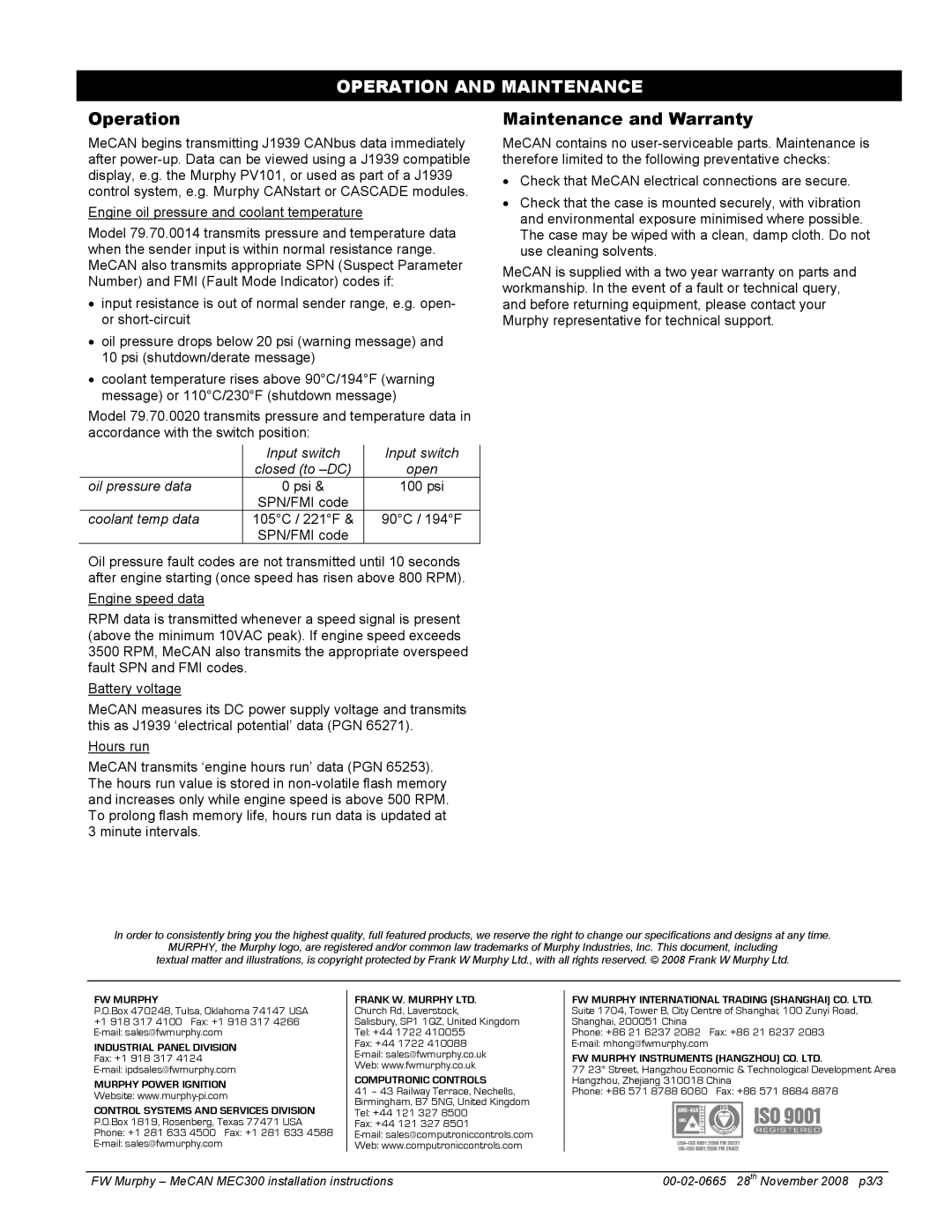 Murphy MEC300-1, MEC300-2 installation instructions Operation and Maintenance, Maintenance and Warranty 