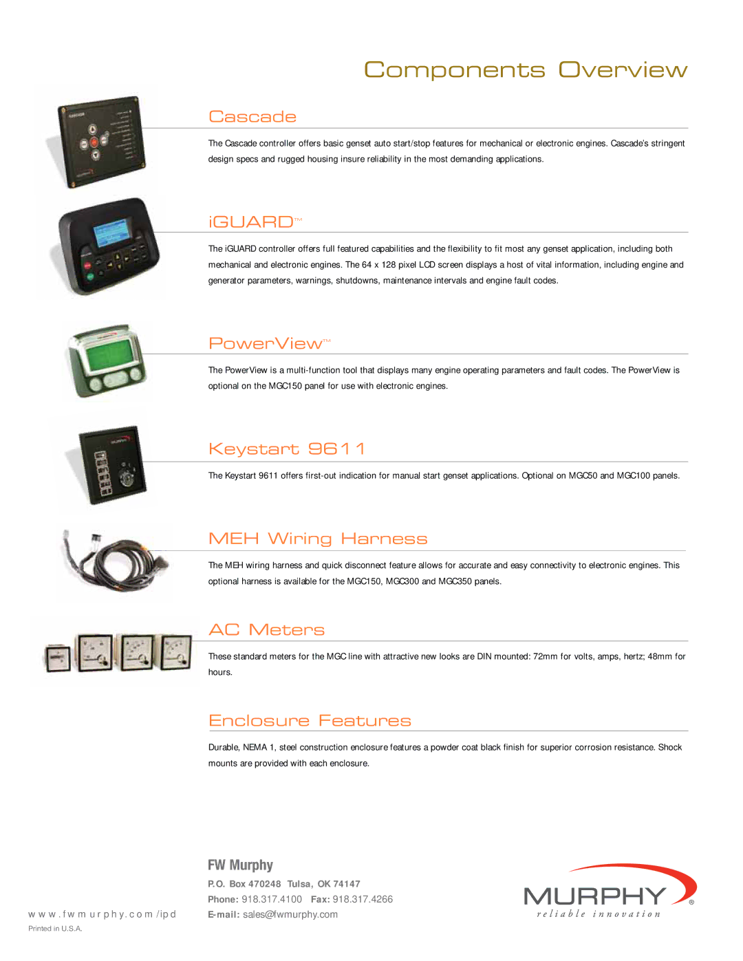 Murphy MGC 150 manual Cascade, Iguardtm, PowerViewTM, Keystart, MEH Wiring Harness, AC Meters, Enclosure Features 