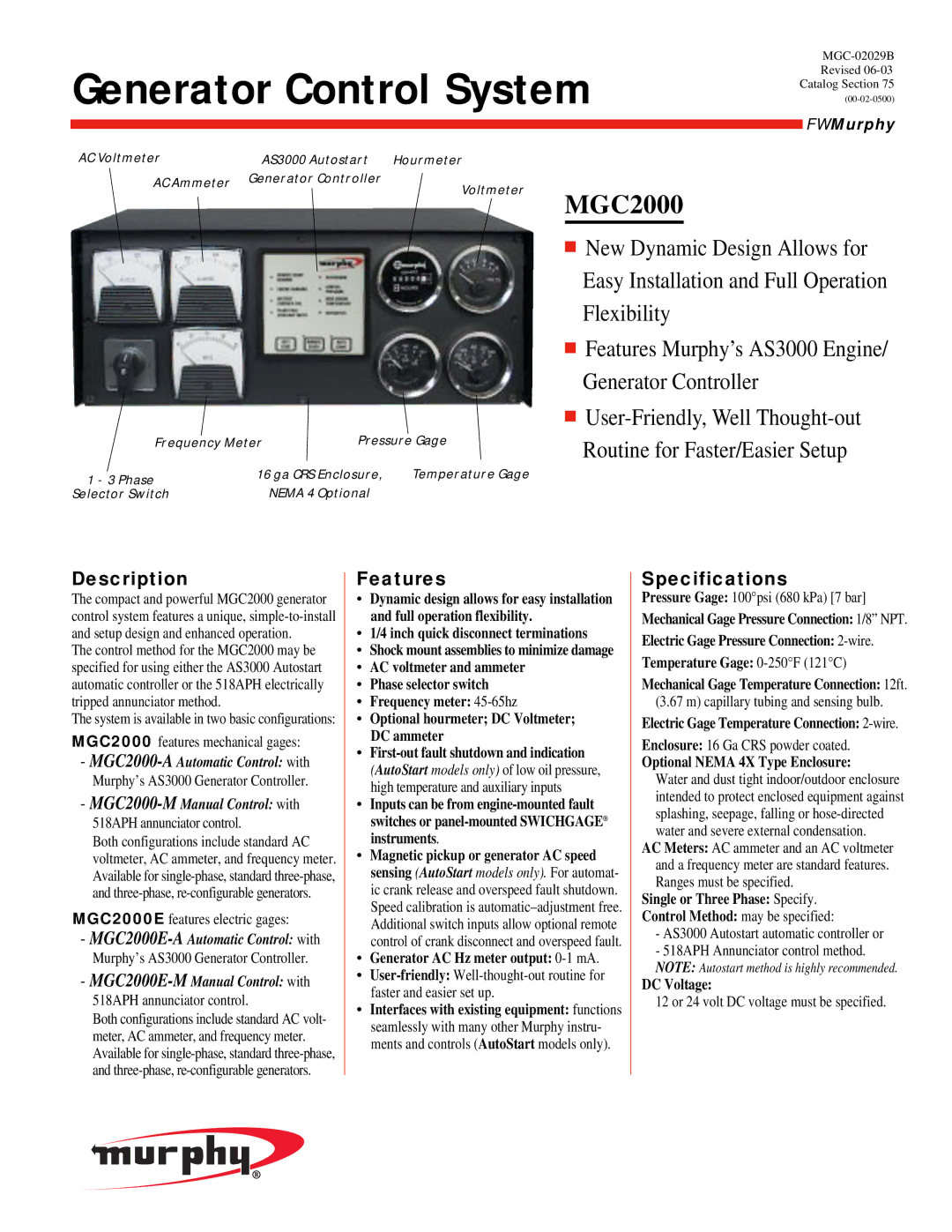 Murphy MGC2000 specifications Description, Features, Specifications 