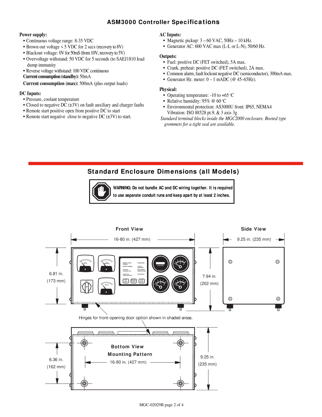 Murphy MGC2000 specifications Standard Enclosure Dimensions all Models, Power supply, AC Inputs, Outputs, Physical 