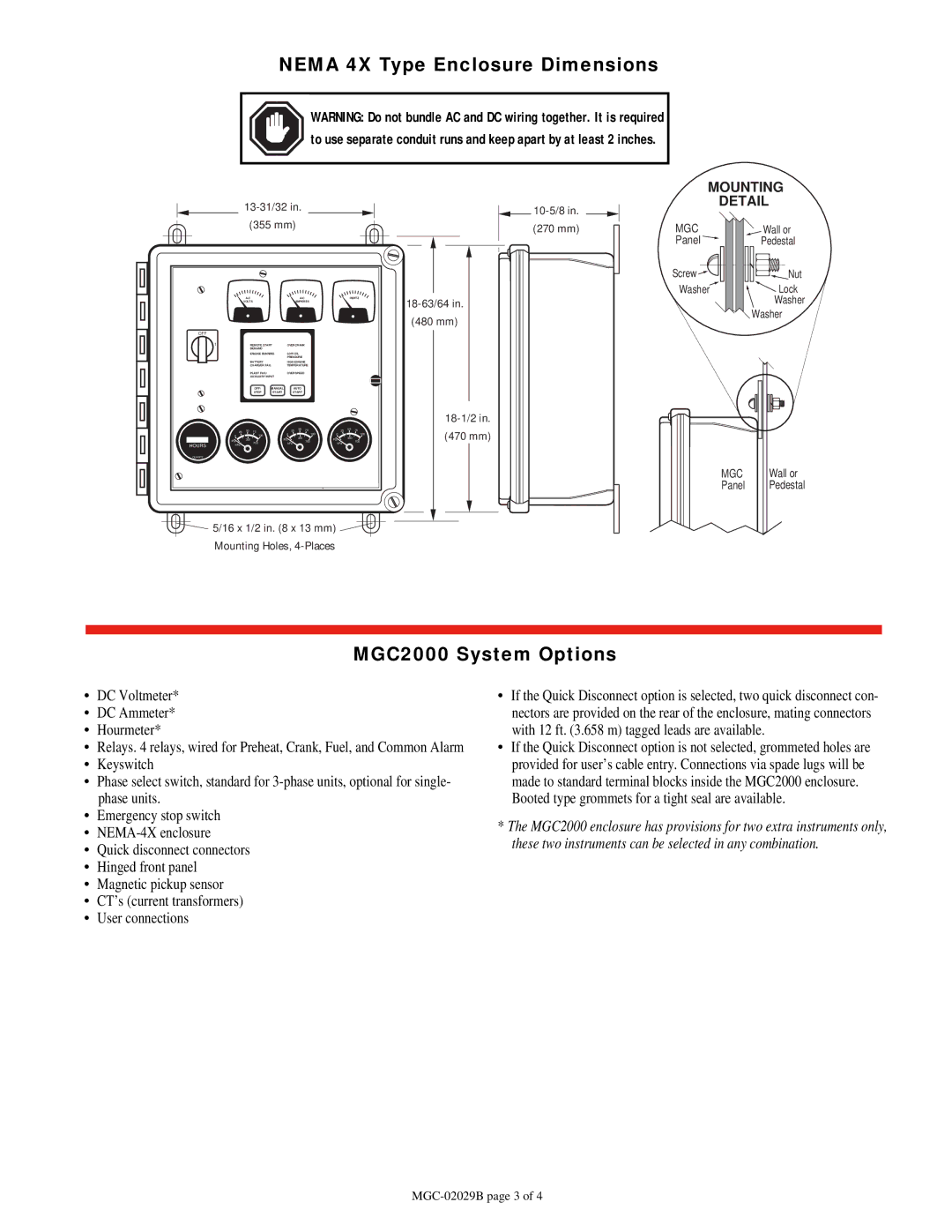 Murphy specifications Nema 4X Type Enclosure Dimensions, MGC2000 System Options, DC Voltmeter DC Ammeter Hourmeter 