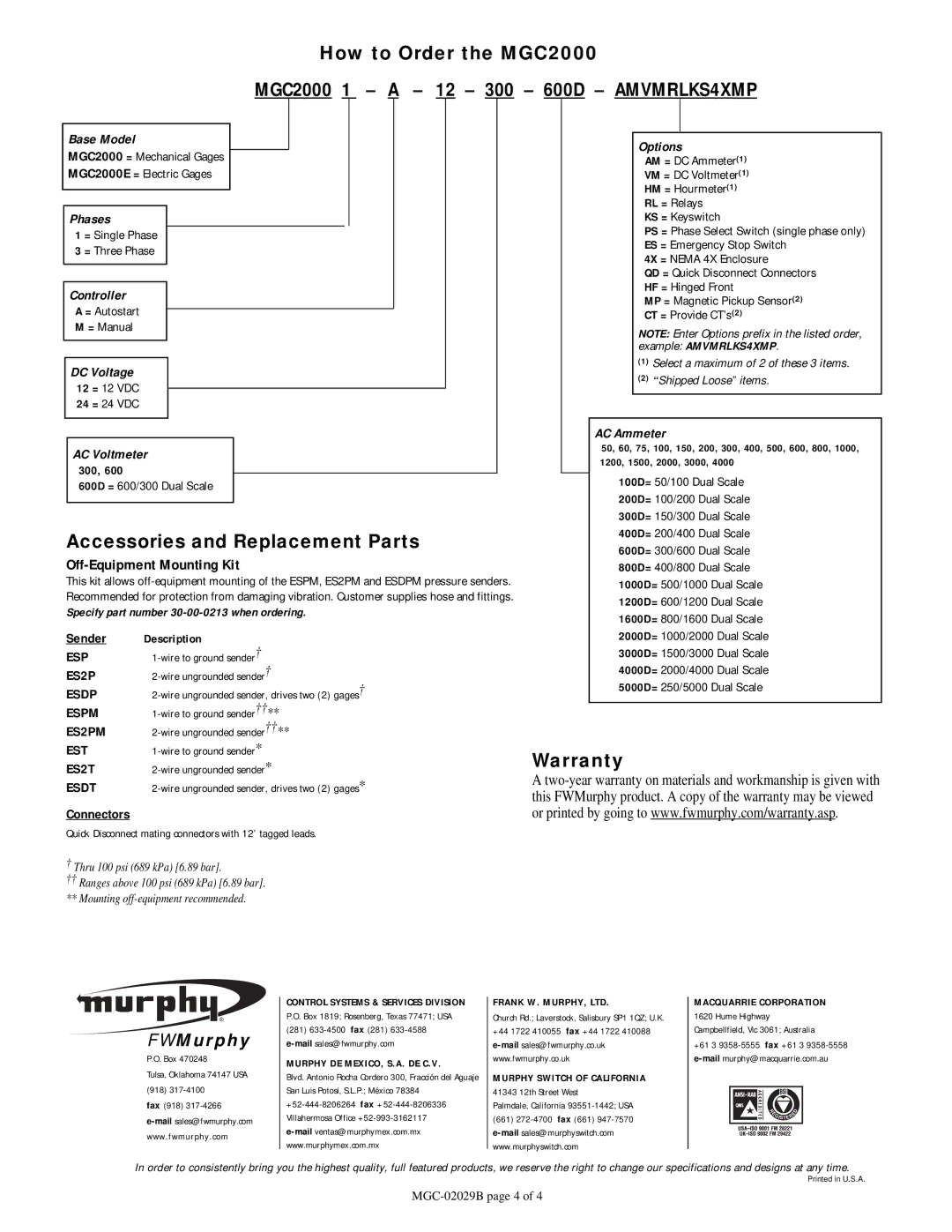 Murphy specifications How to Order the MGC2000, Accessories and Replacement Parts, Warranty 