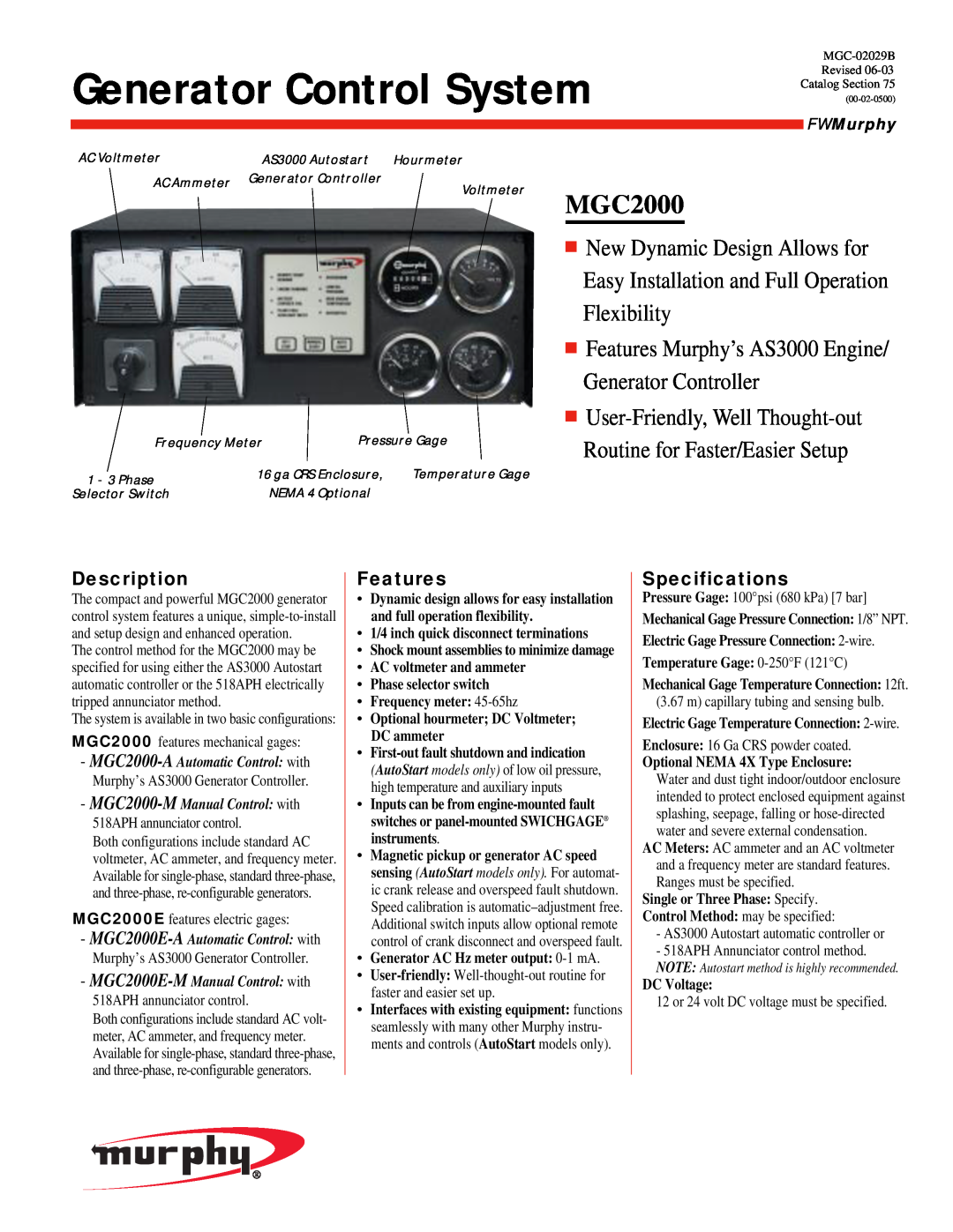 Murphy MGC2000 specifications Description, Features, Specifications, Generator Control System, FWMurphy 
