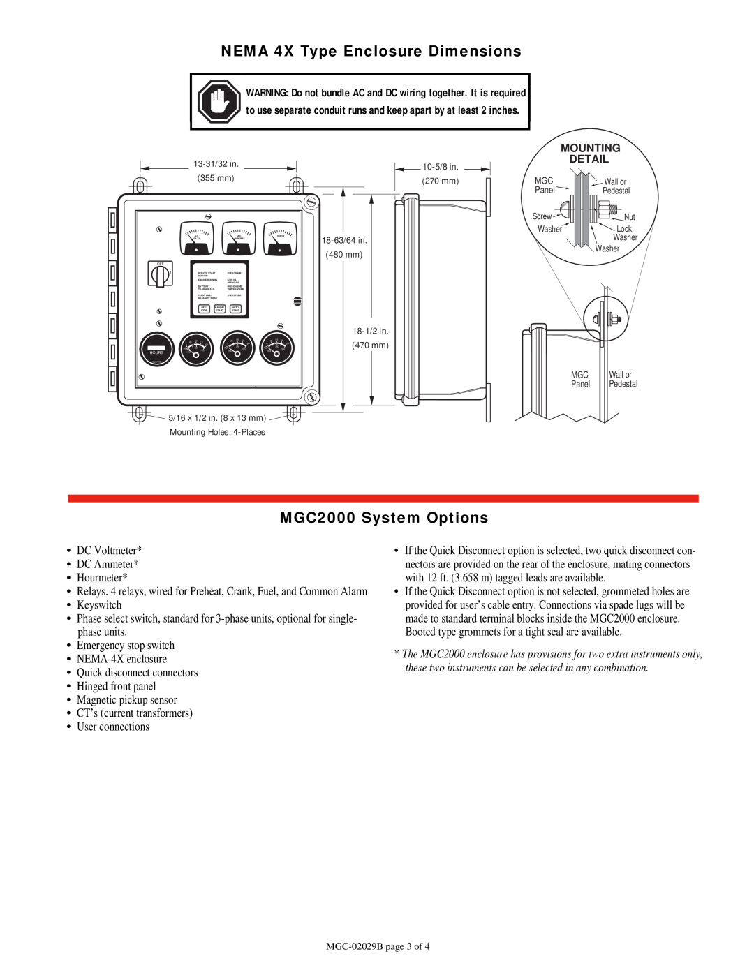 Murphy NEMA 4X Type Enclosure Dimensions, MGC2000 System Options, DC Voltmeter DC Ammeter Hourmeter, Keyswitch, Detail 