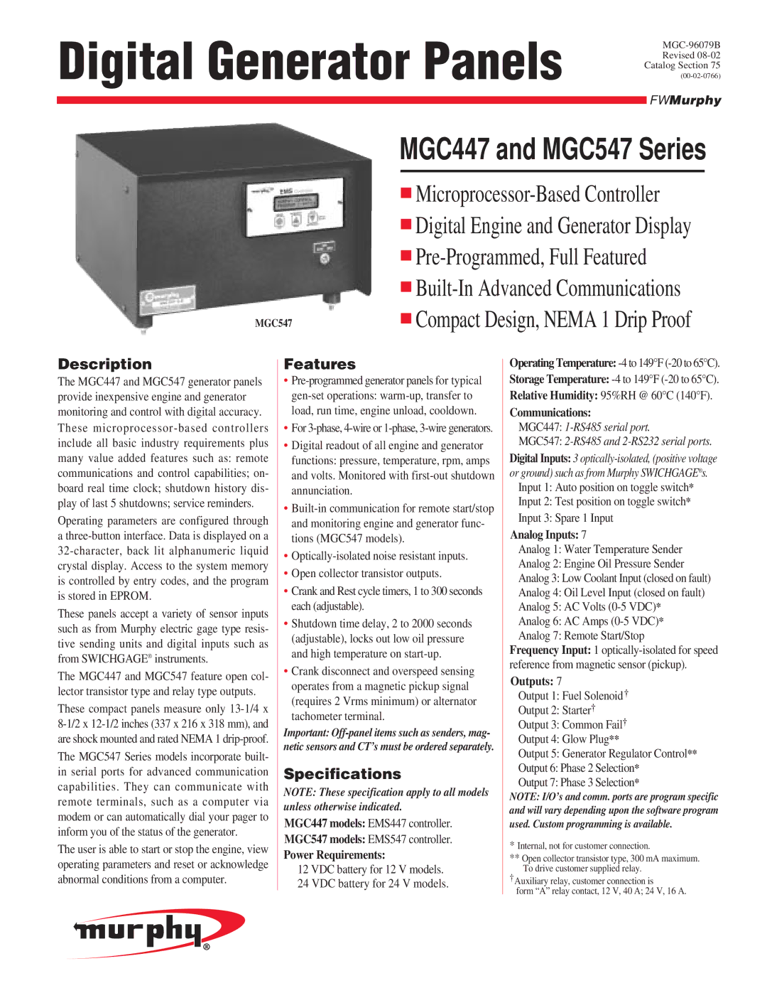 Murphy MGC447, MGC547 specifications Description, Features, Specifications 