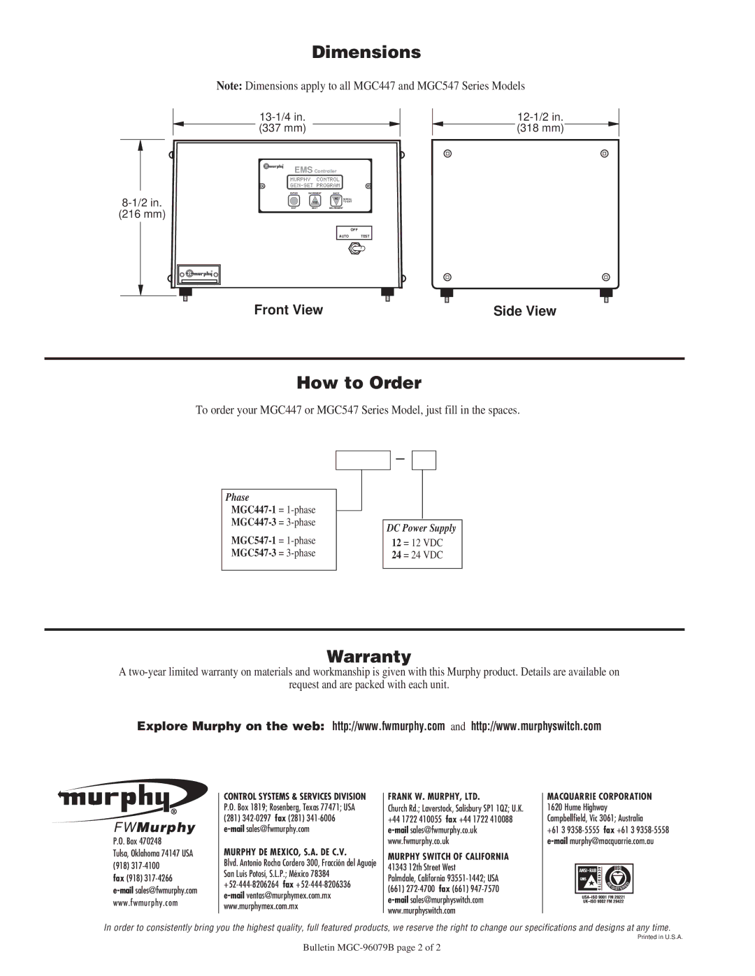 Murphy MGC547, MGC447 specifications Dimensions, How to Order, Warranty 