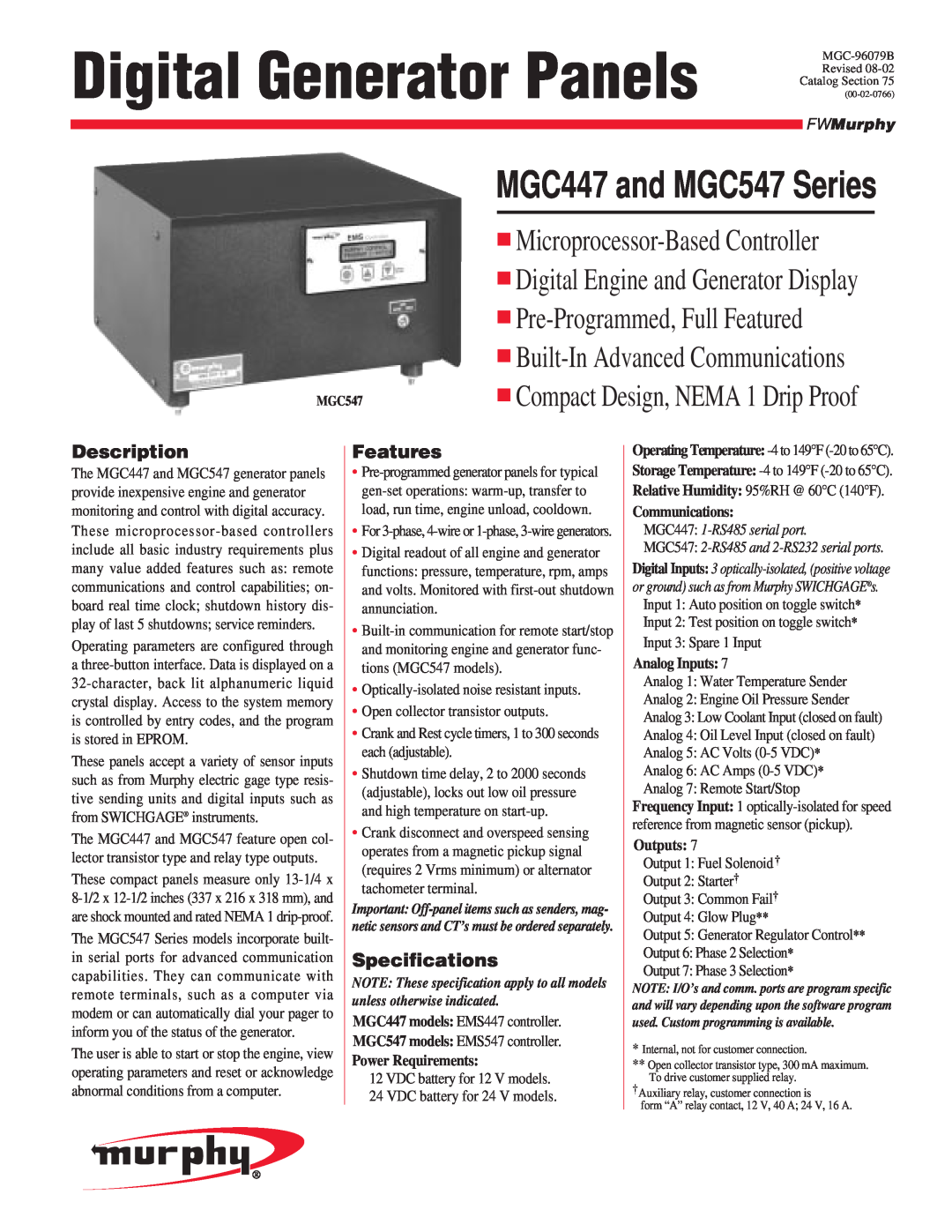 Murphy specifications Digital Generator Panels, Pre-Programmed,Full Featured, MGC447 and MGC547 Series, Description 