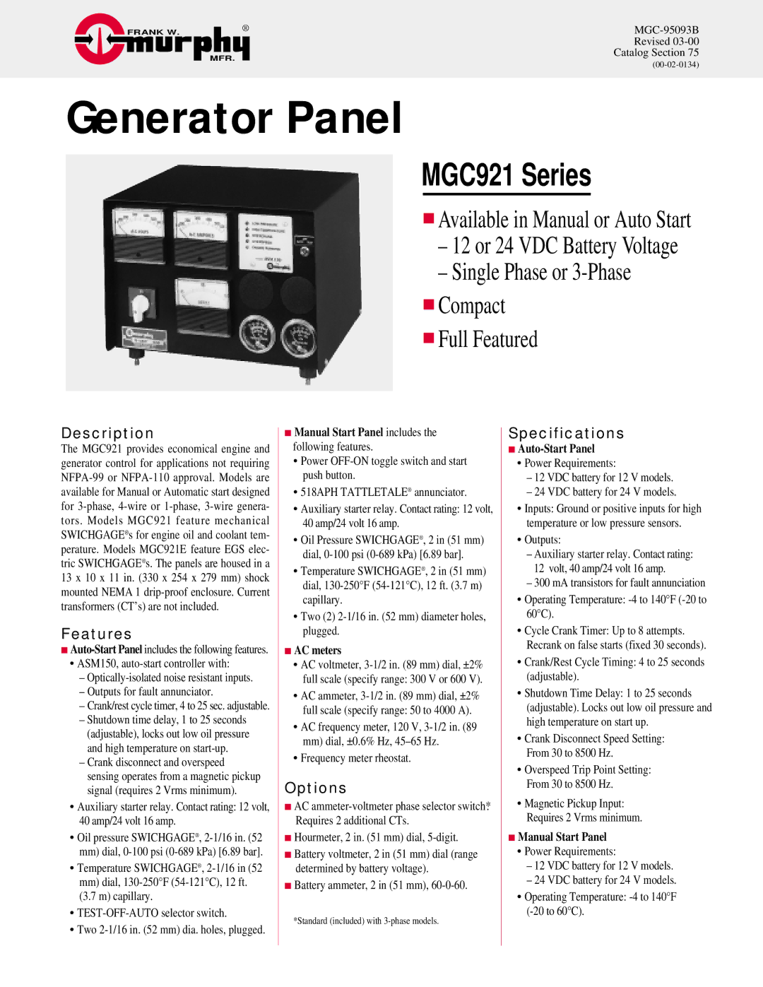 Murphy MGC921 Series specifications Description, Features, Options, Specifications 