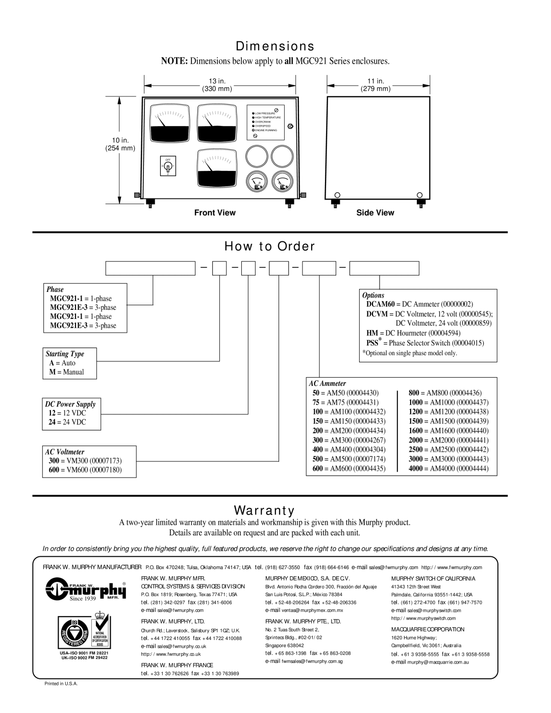 Murphy MGC921 Series specifications Dimensions, How to Order, Warranty 