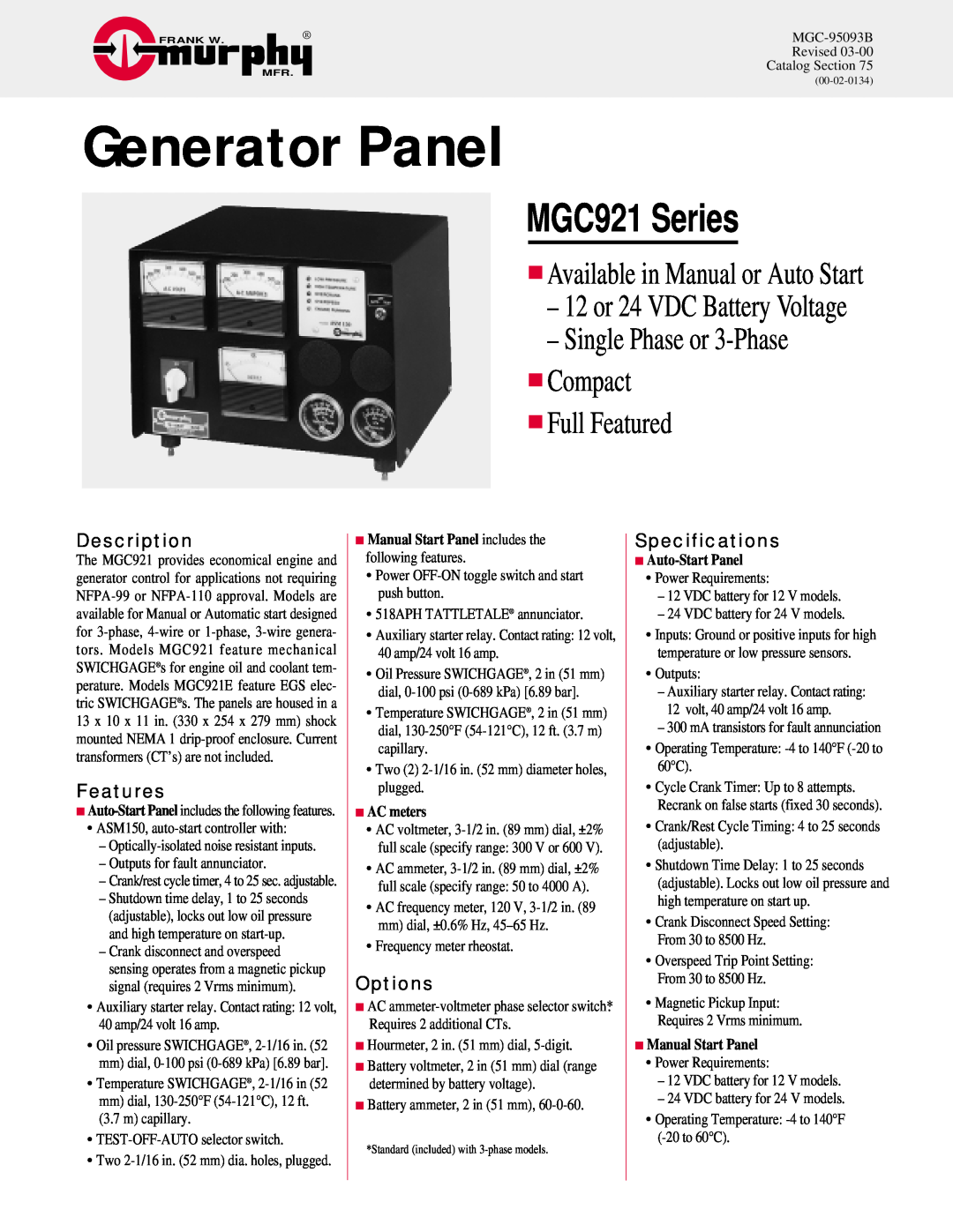 Murphy MGC921 Series specifications Generator Panel, Single Phase or 3-Phase Compact Full Featured, Description, Features 