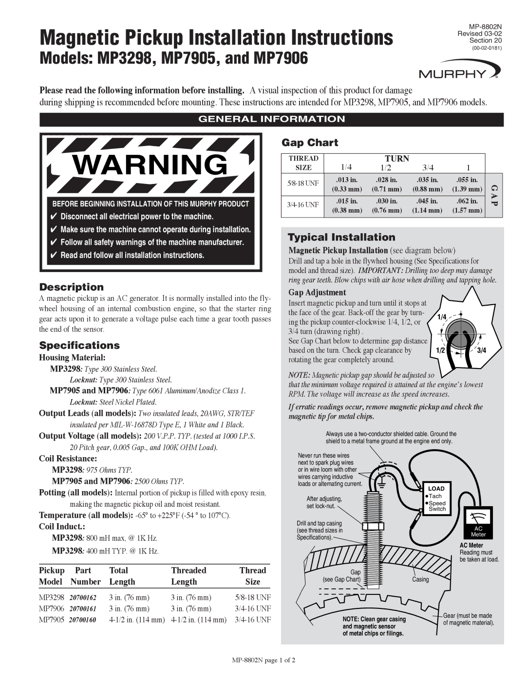 Murphy MP7906, MP3298, MP-8802N, MP7905 specifications Gap Chart, Typical Installation, Description, Specifications 