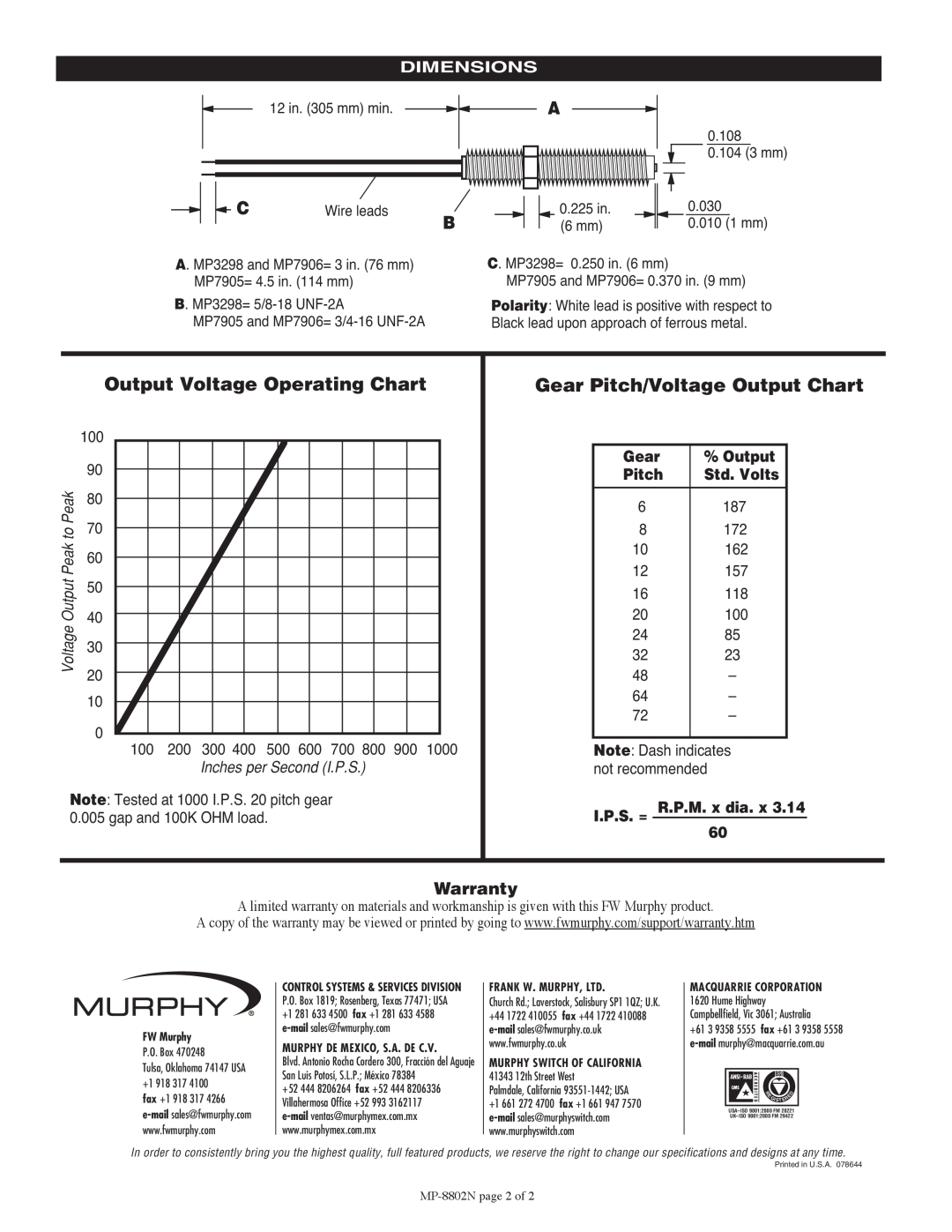 Murphy MP-8802N, MP3298 Output Voltage Operating Chart, Gear Pitch/Voltage Output Chart, Warranty, Dimensions, Wire leads 