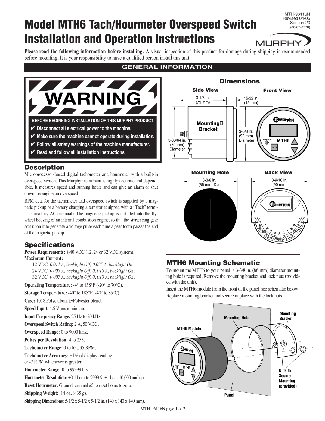 Murphy specifications Dimensions, Description, Specifications, MTH6 Mounting Schematic 