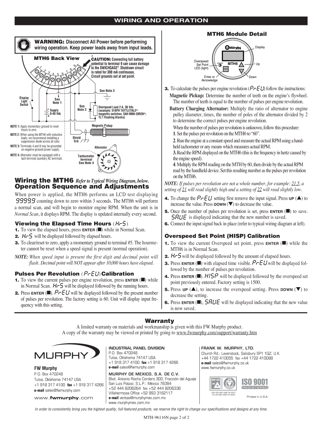 Murphy MTH6 Operation Sequence and Adjustments, Viewing the Elapsed Time Hours, Pulses Per Revolution Calibration 