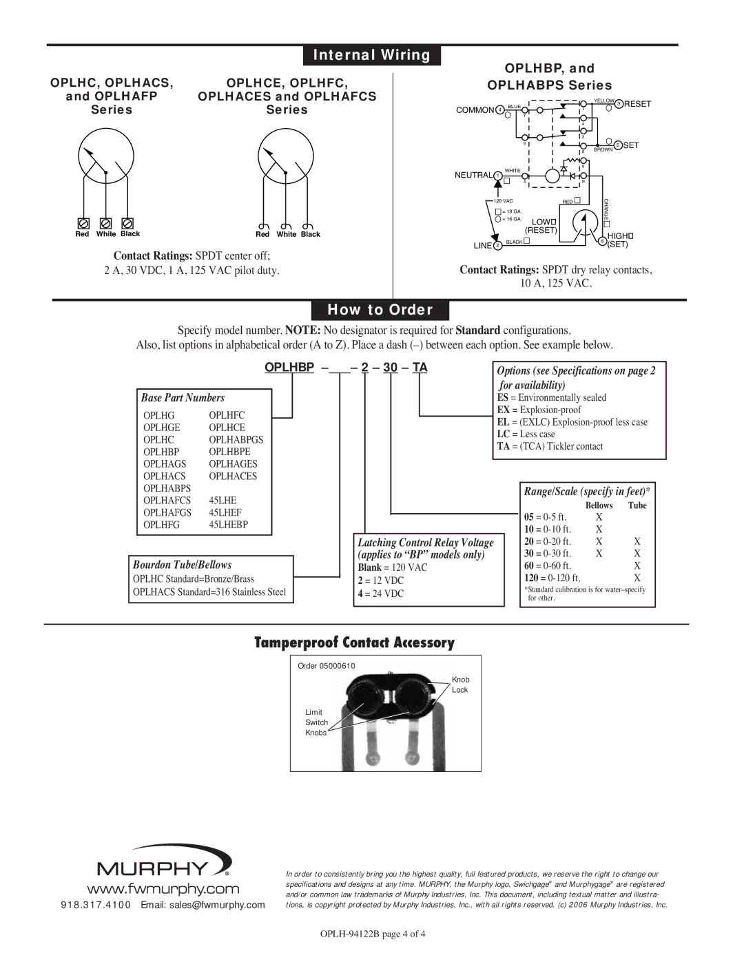 Murphy OPLHACS warranty Internal Wiring, How to Order 