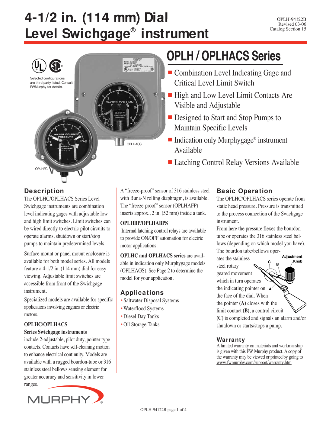 Murphy OPLHACS warranty Description, Applications, Basic Operation, 4-1/2 in. 114 mm Dial Level Swichgage instrument 