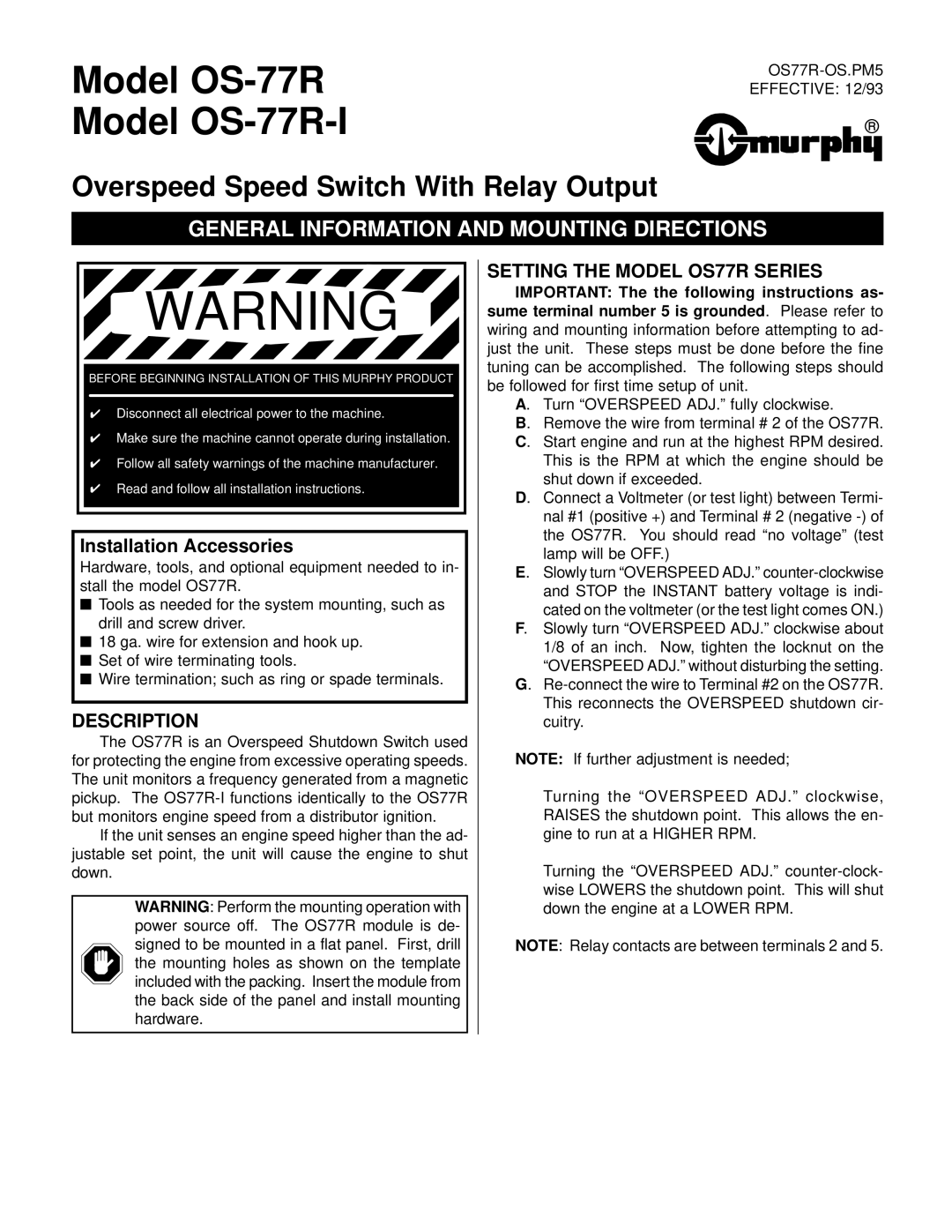 Murphy OS-77R-I installation instructions General Information and Mounting Directions, Description 