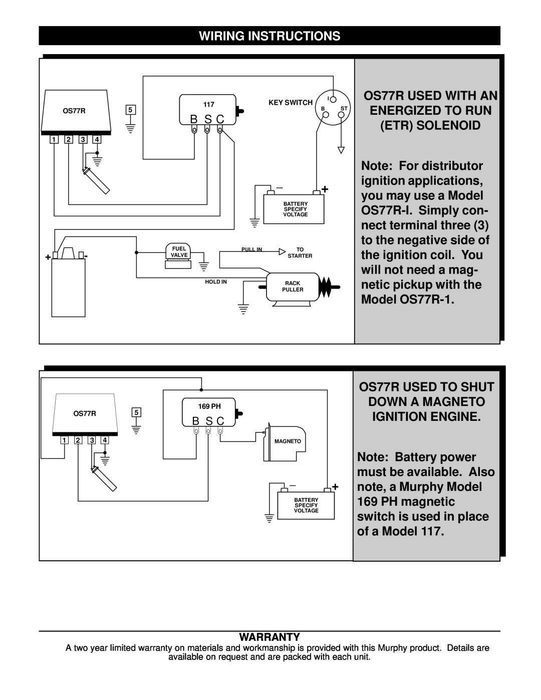 Murphy OS-77R-I Wiring Instructions, OS77R USED WITH AN ENERGIZED TO RUN ETR SOLENOID, OS77R USED TO SHUT 