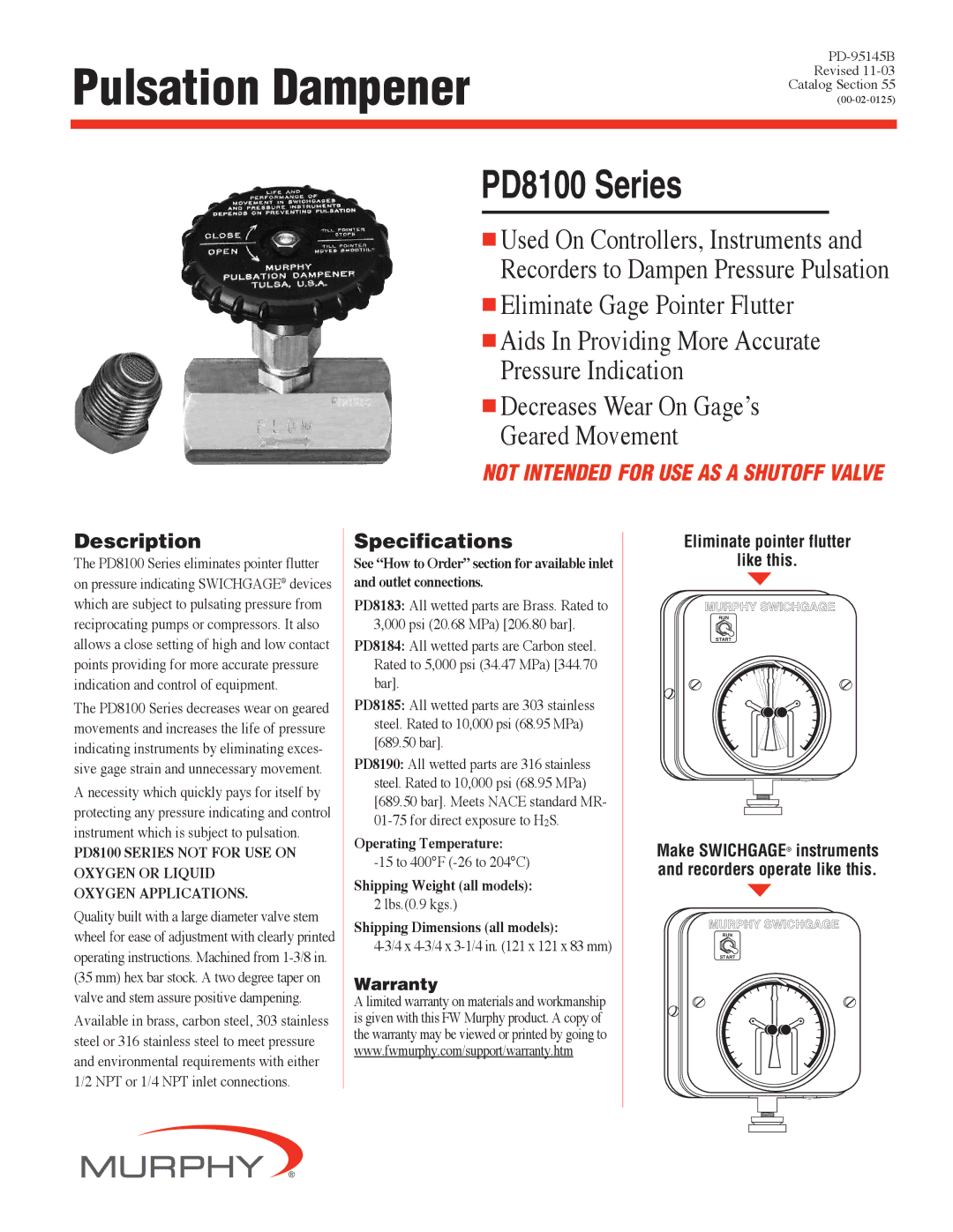 Murphy PD8100 Series specifications Description, Specifications 