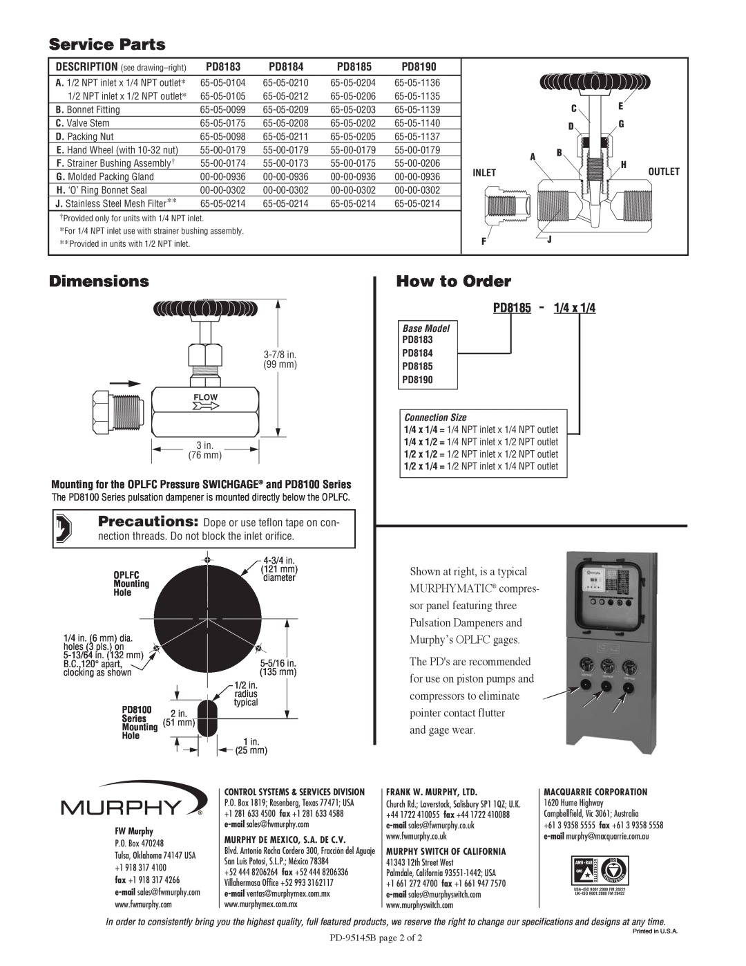 Murphy PD8100 Series specifications Service Parts, Dimensions, How to Order, Murphy’s OPLFC gages, and gage wear, PD8190 