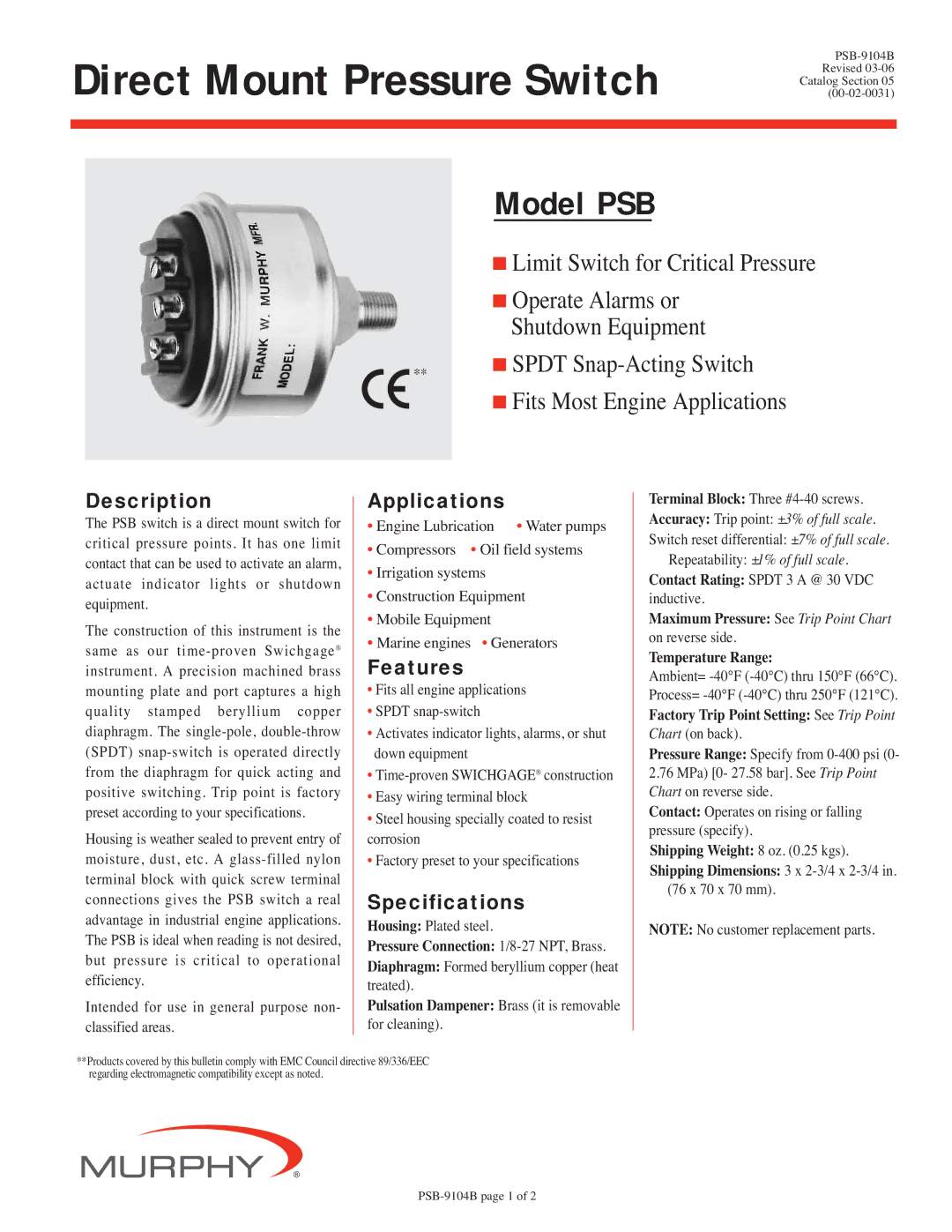 Murphy PSB specifications Description, Applications, Features, Specifications 