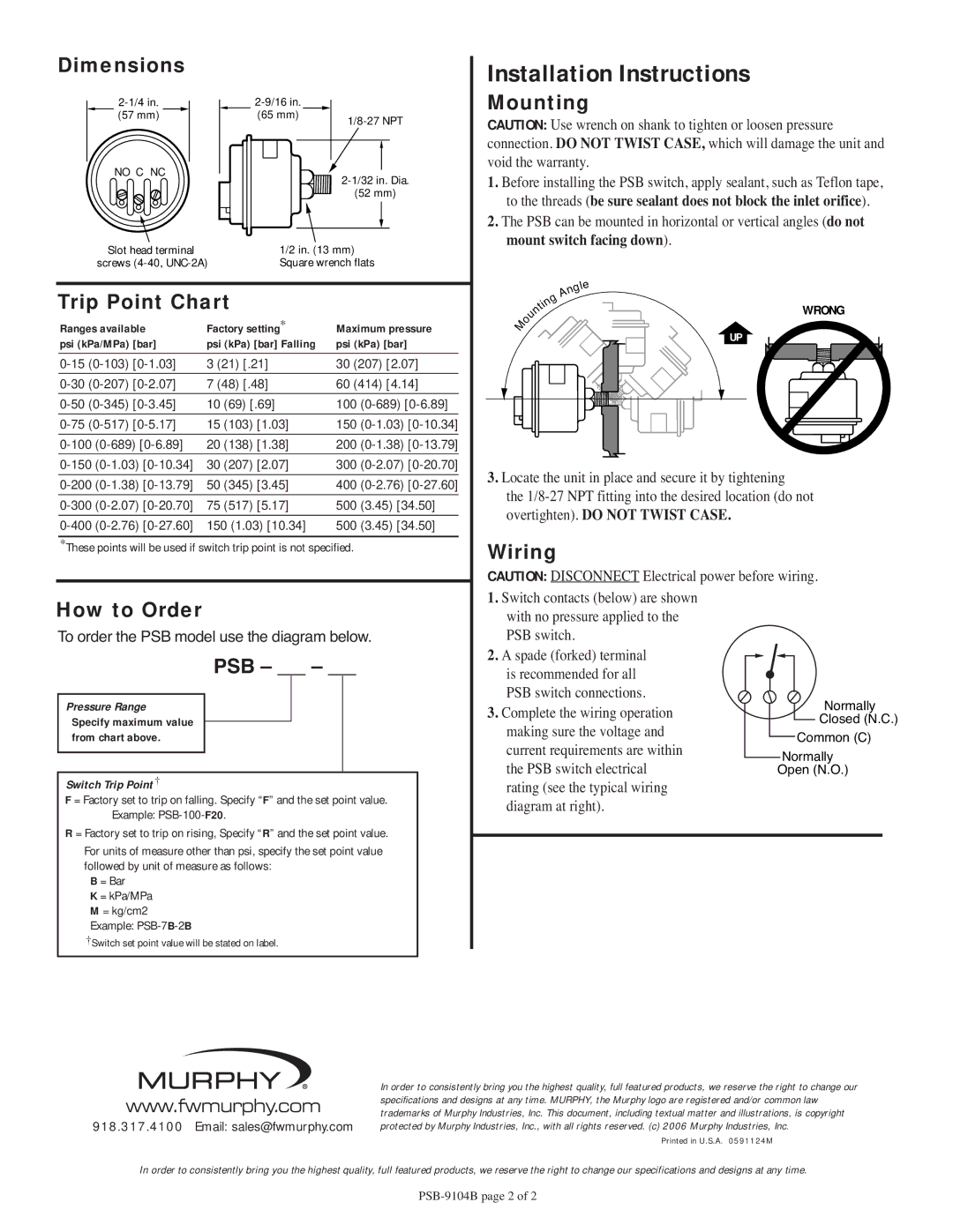 Murphy PSB specifications Dimensions, Mounting, Trip Point Chart, Wiring How to Order, Psb 