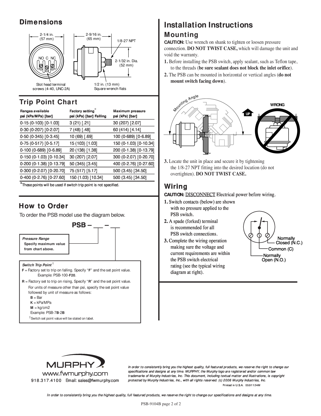 Murphy PSB specifications Dimensions, Mounting, Trip Point Chart, Wiring, How to Order, Installation Instructions 