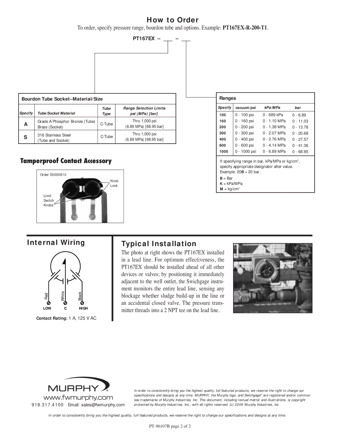 Murphy PT167EX specifications How to Order, Internal Wiring, Typical Installation 