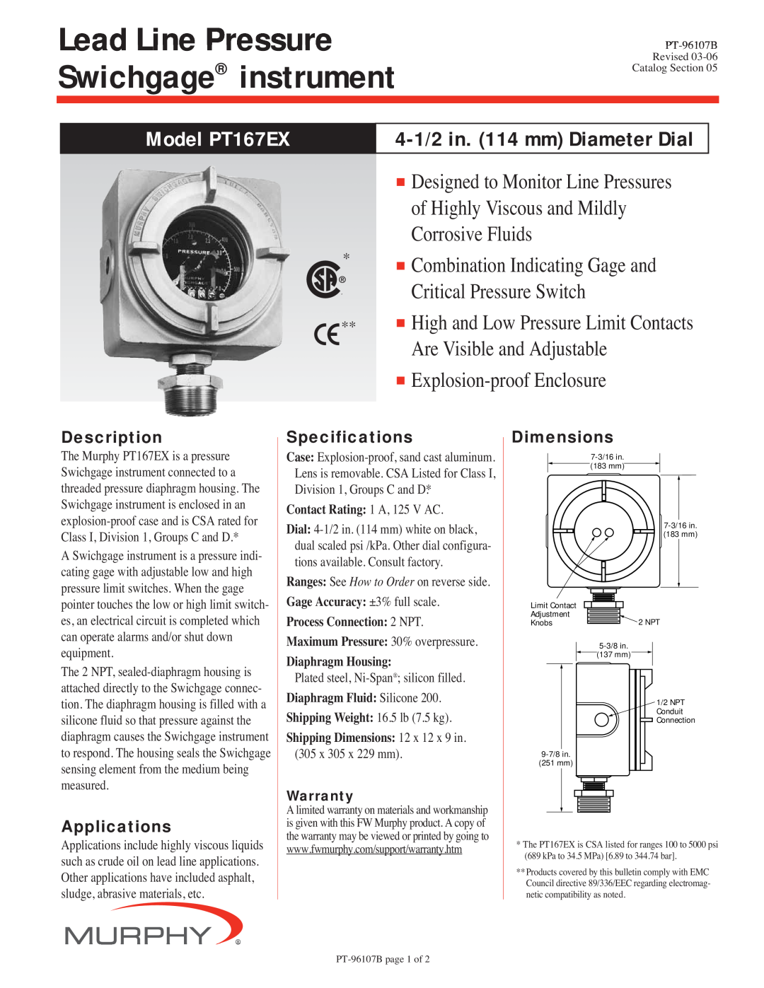 Murphy PT167EX specifications Description, Specifications, Dimensions, Applications, Class I, Division 1, Groups C and D 