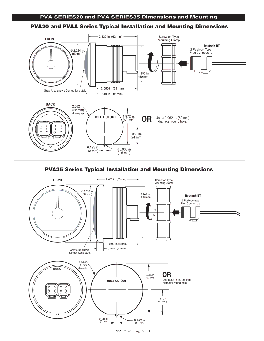 Murphy PVA20 specifications PVA35 Series Typical Installation and Mounting Dimensions, Front, Back, Hole Cutout 