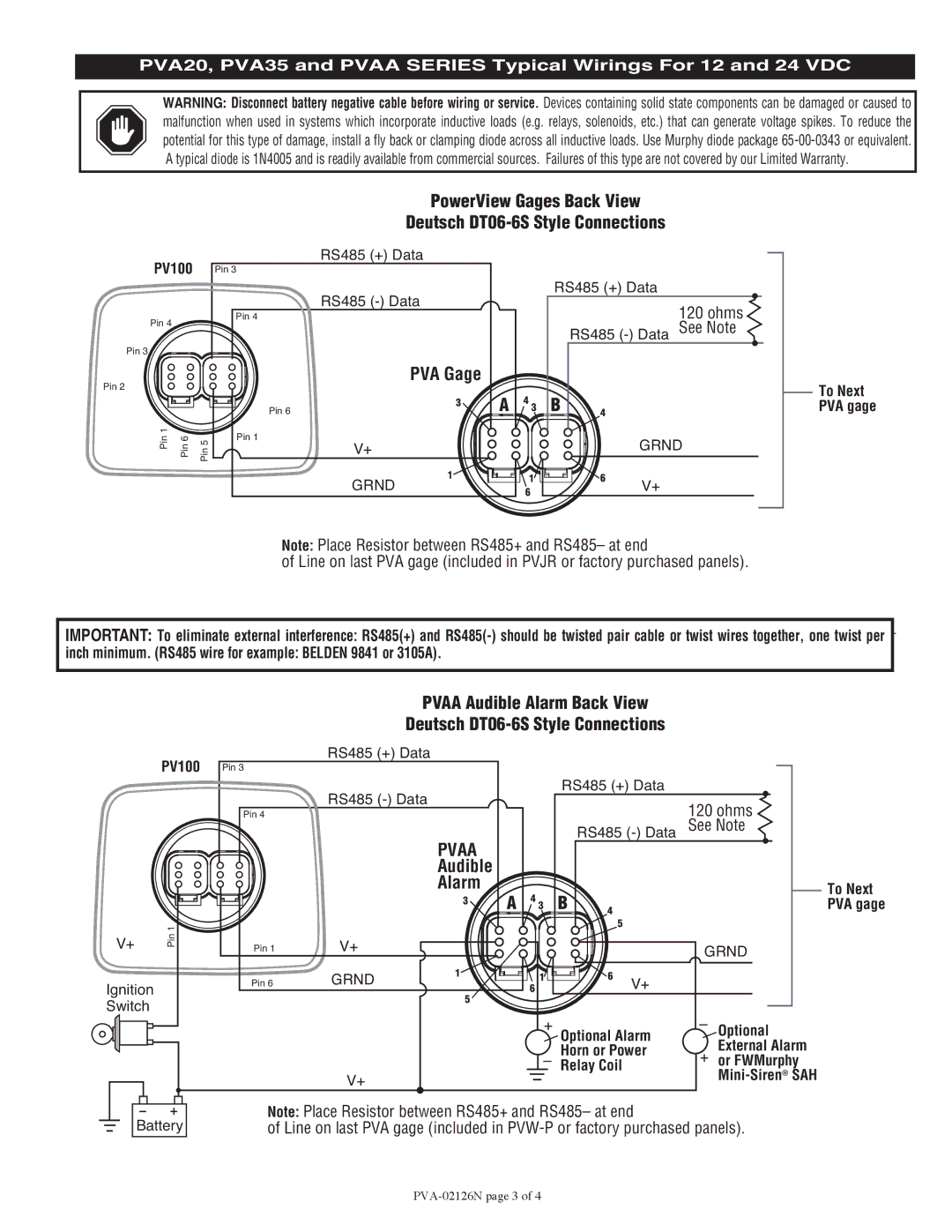 Murphy PVA35, PVA20 specifications PowerView Gages Back View Deutsch DT06-6S Style Connections, PVA Gage, Audible Alarm 