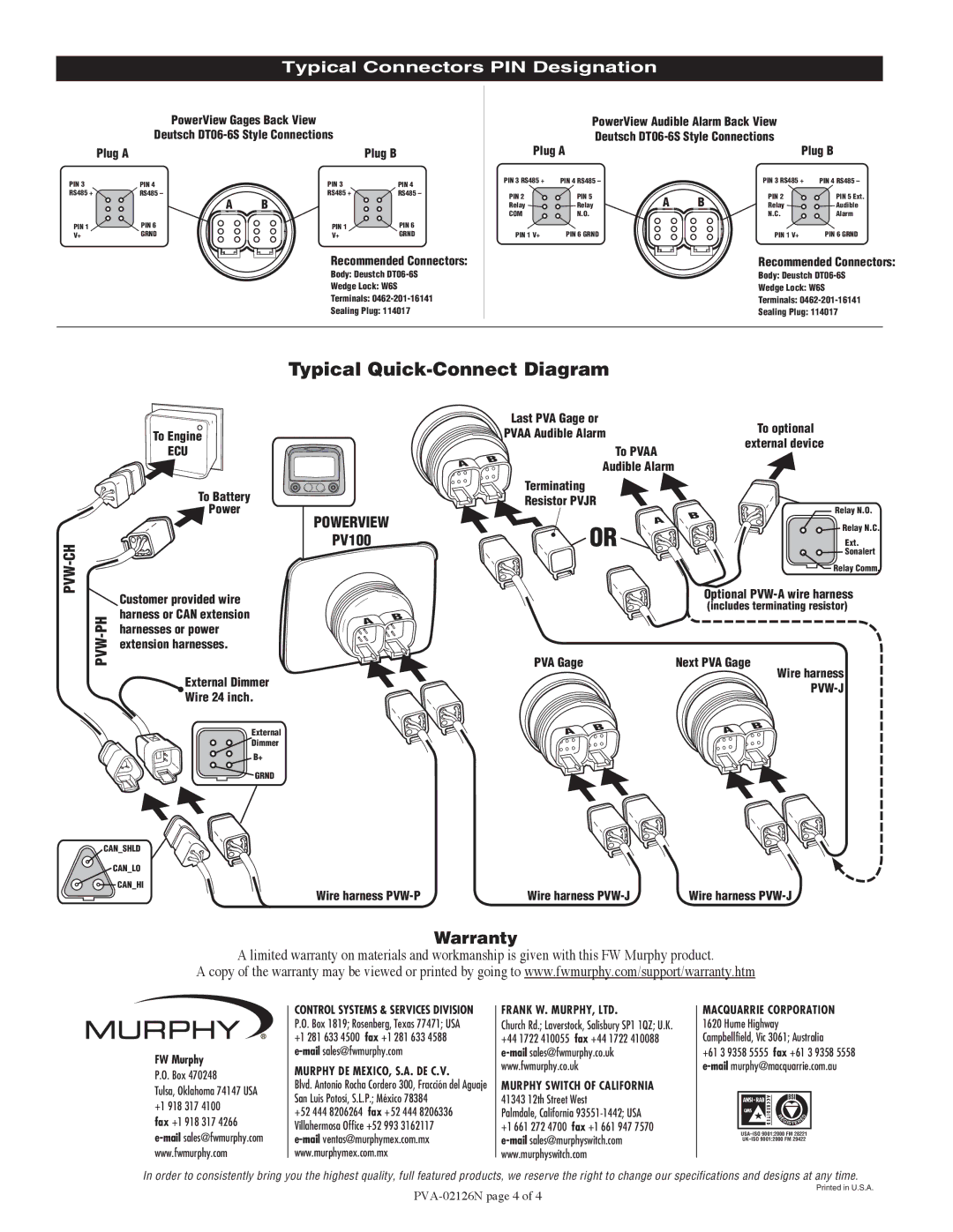 Murphy PVA20, PVA35 specifications Typical Quick-Connect Diagram, Warranty, Typical Connectors PIN Designation, Ecu, Pvw-J 