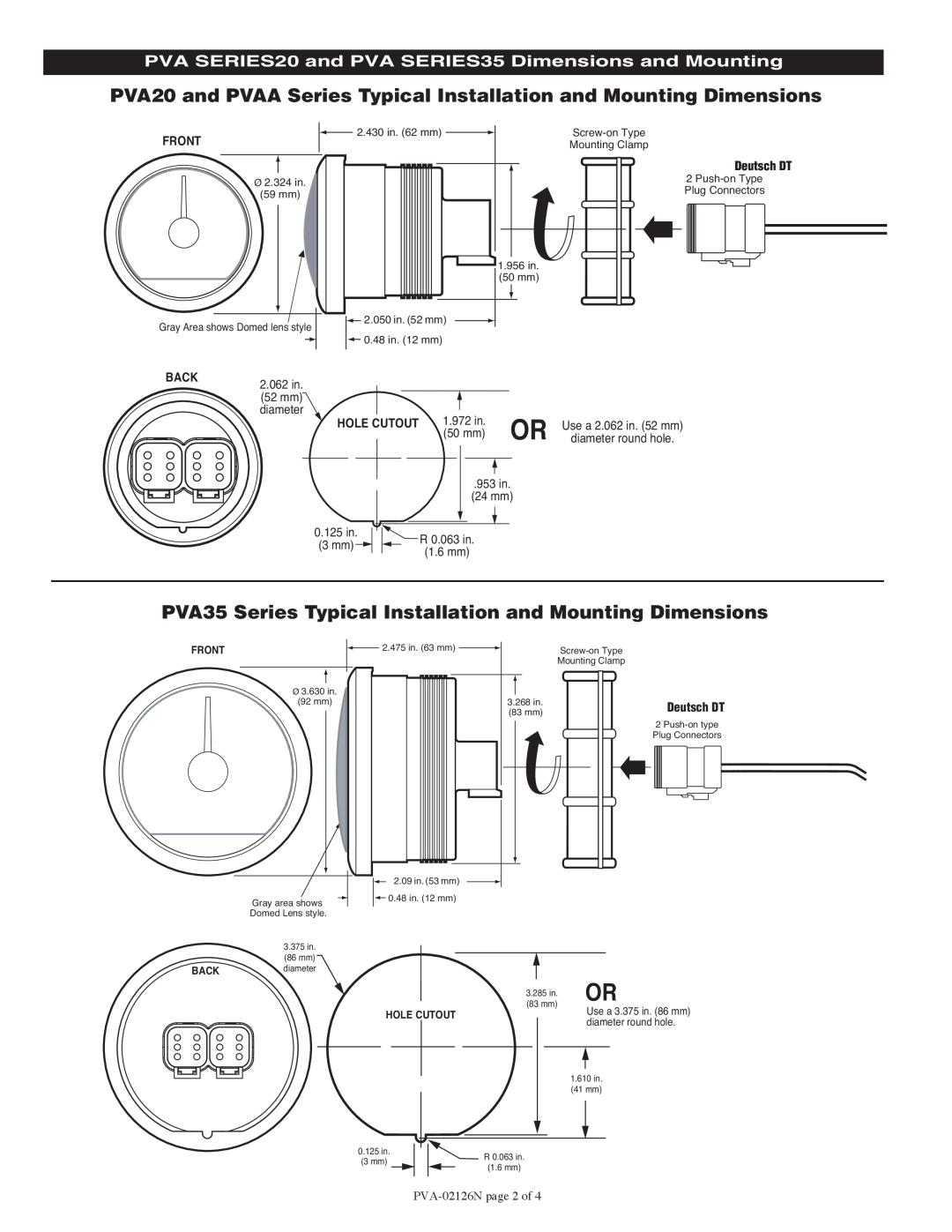 Murphy PVA20 and PVAA Series Typical Installation and Mounting Dimensions, 2.062 in 52 mm diameter, 1.972 in, 50 mm 