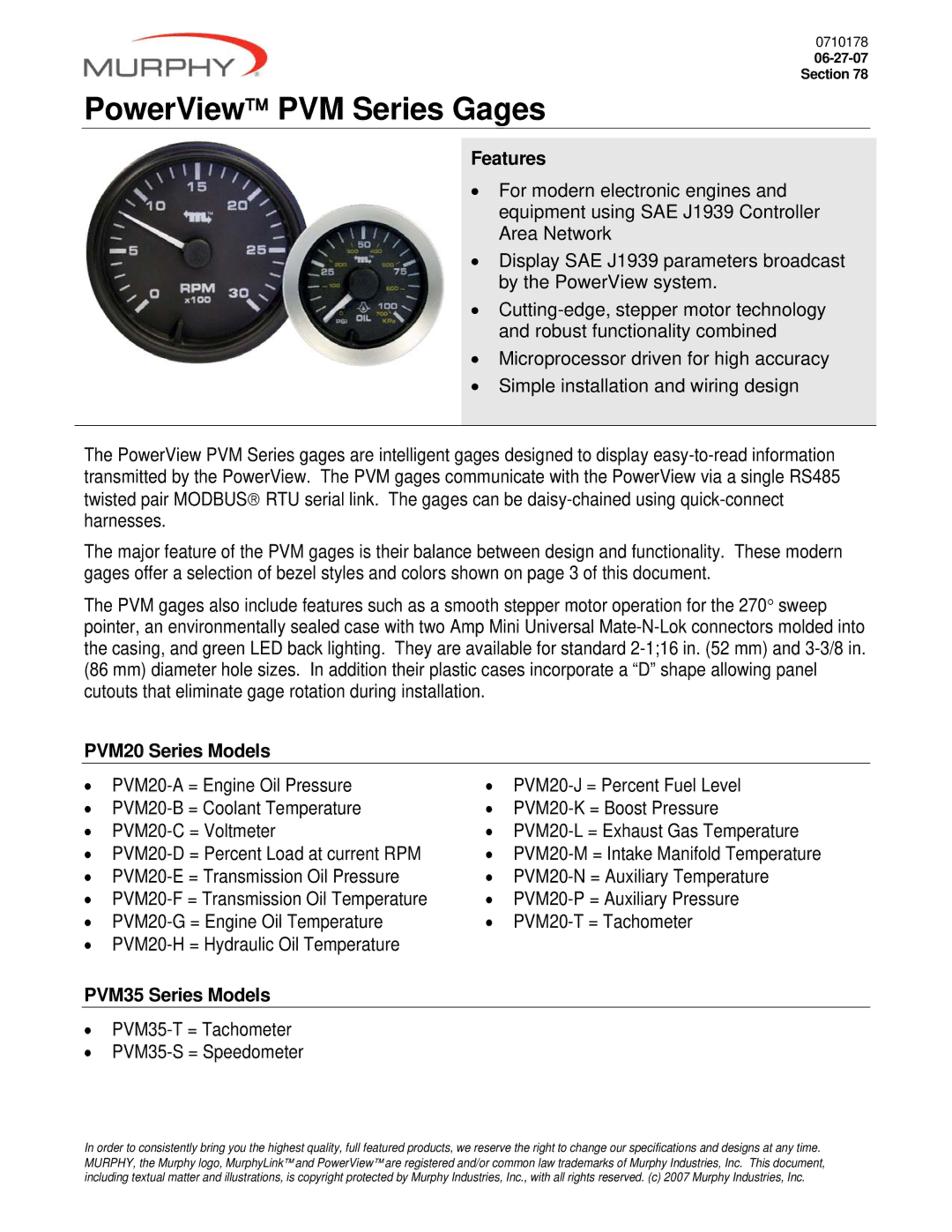 Murphy specifications PowerView PVM Series Gages 