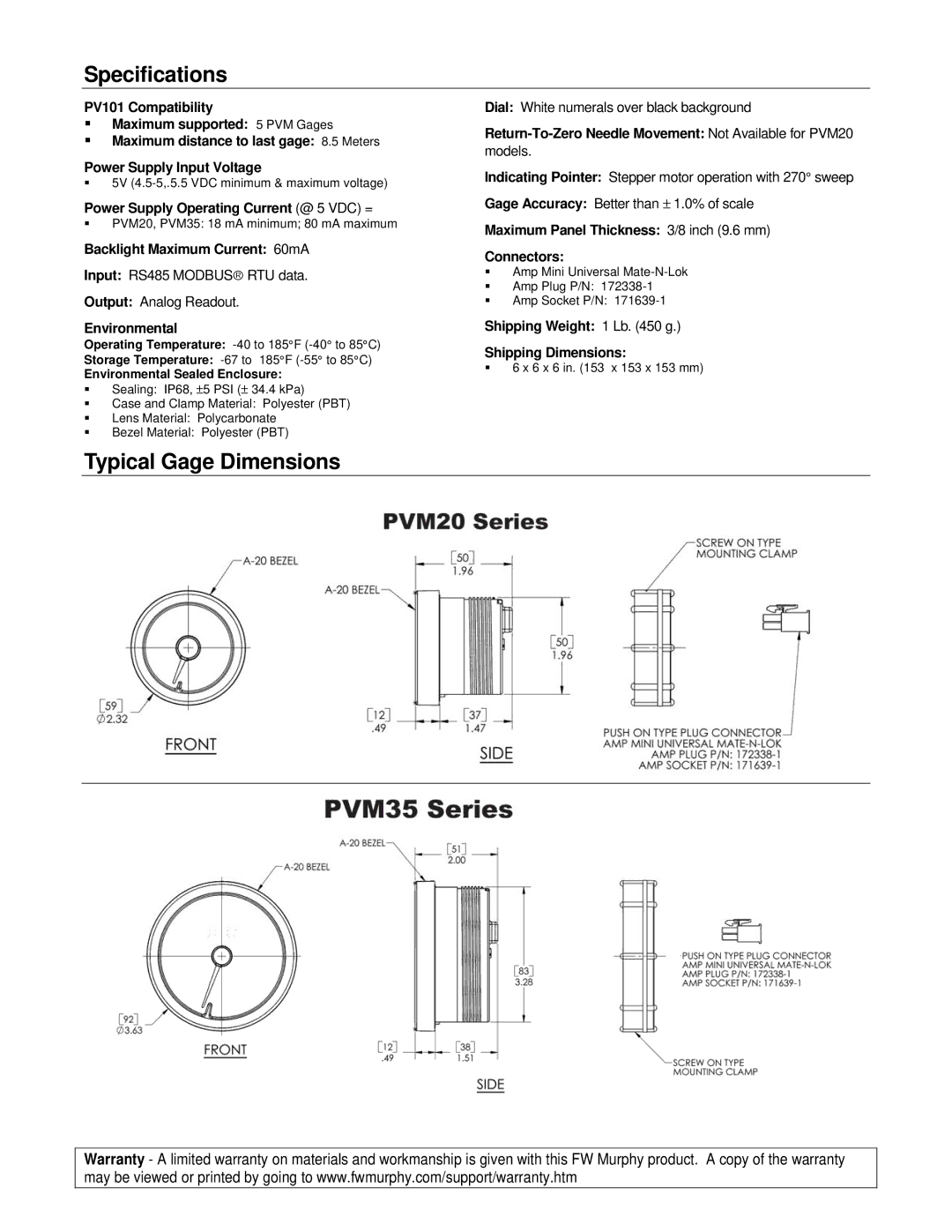 Murphy PVM Series specifications Specifications, Typical Gage Dimensions 