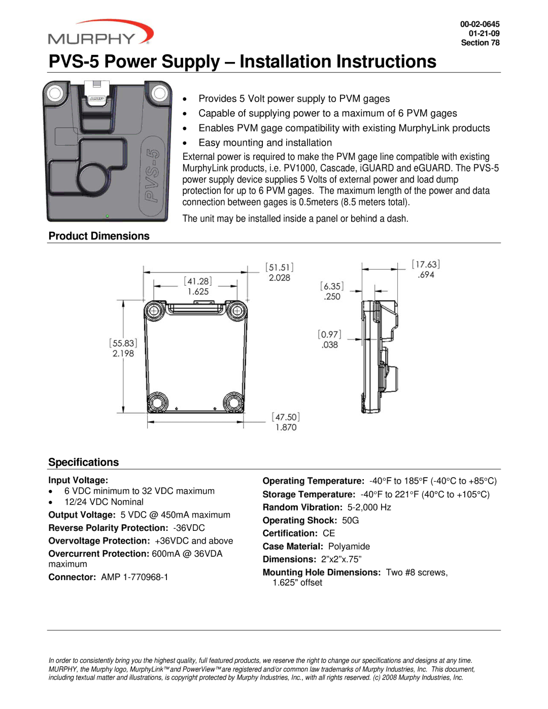 Murphy specifications PVS-5 Power Supply Installation Instructions, Product Dimensions Specifications 