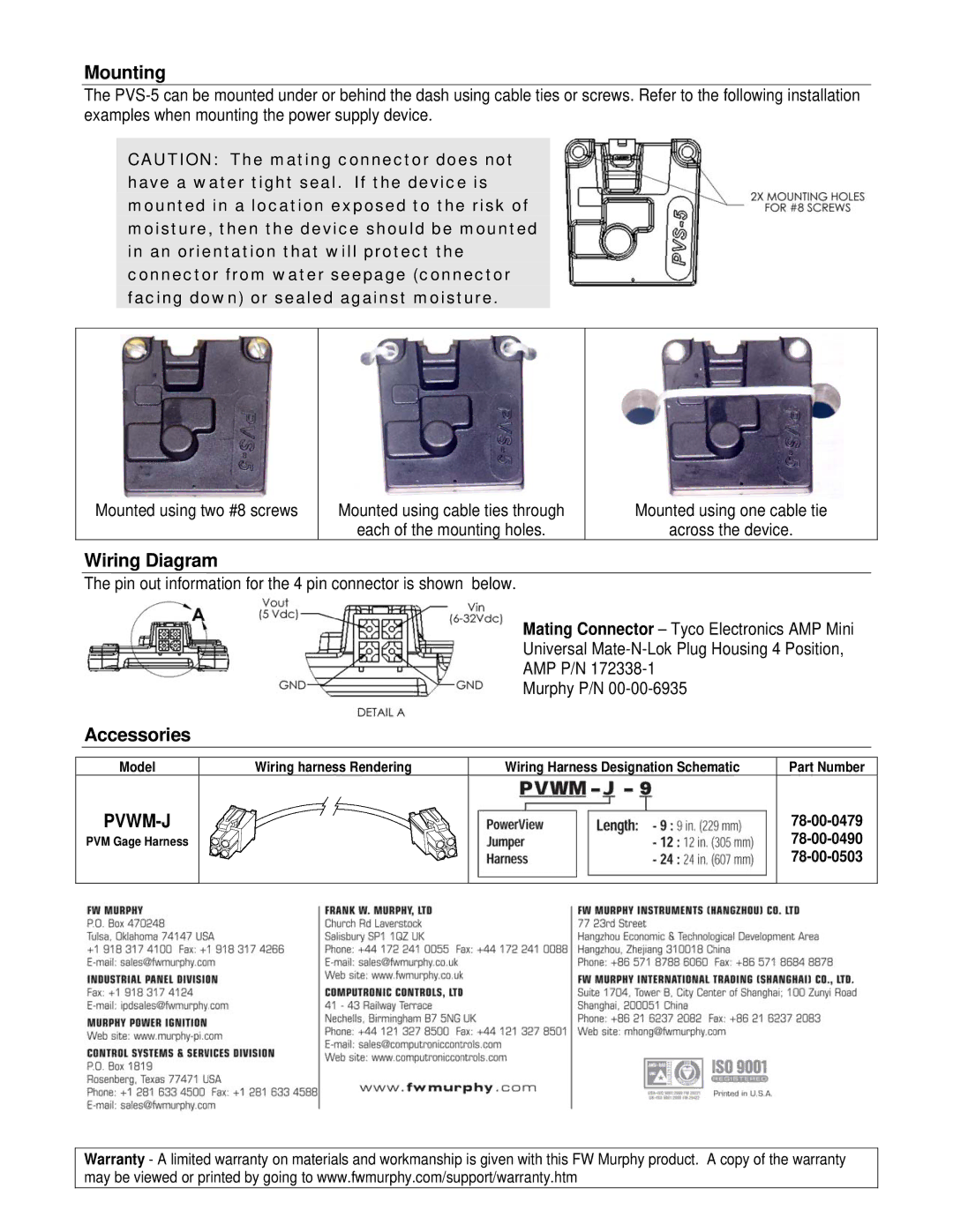 Murphy PVS-5 specifications Mounting, Wiring Diagram, Accessories 