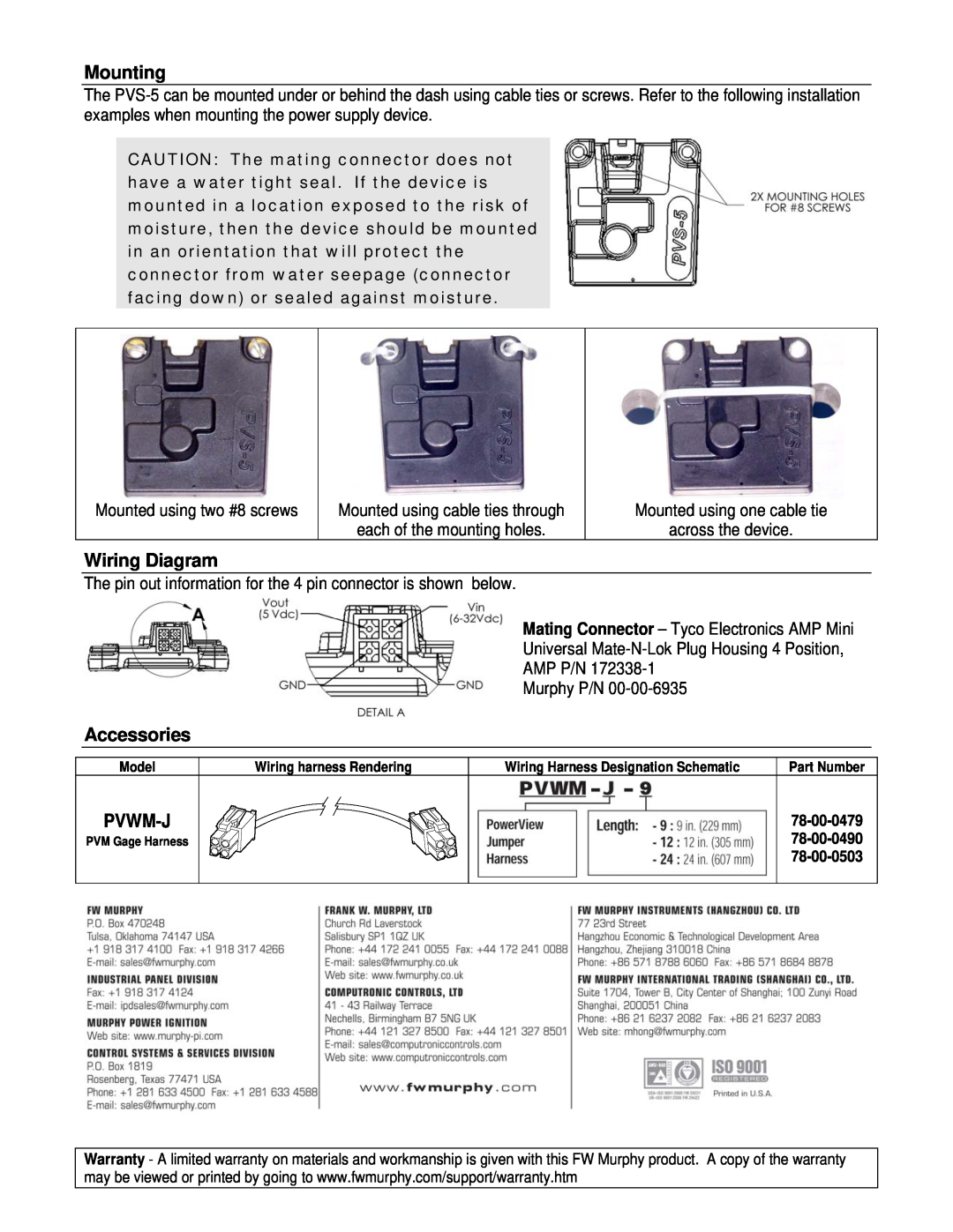 Murphy PVS-5 specifications Mounting, Wiring Diagram, Accessories 