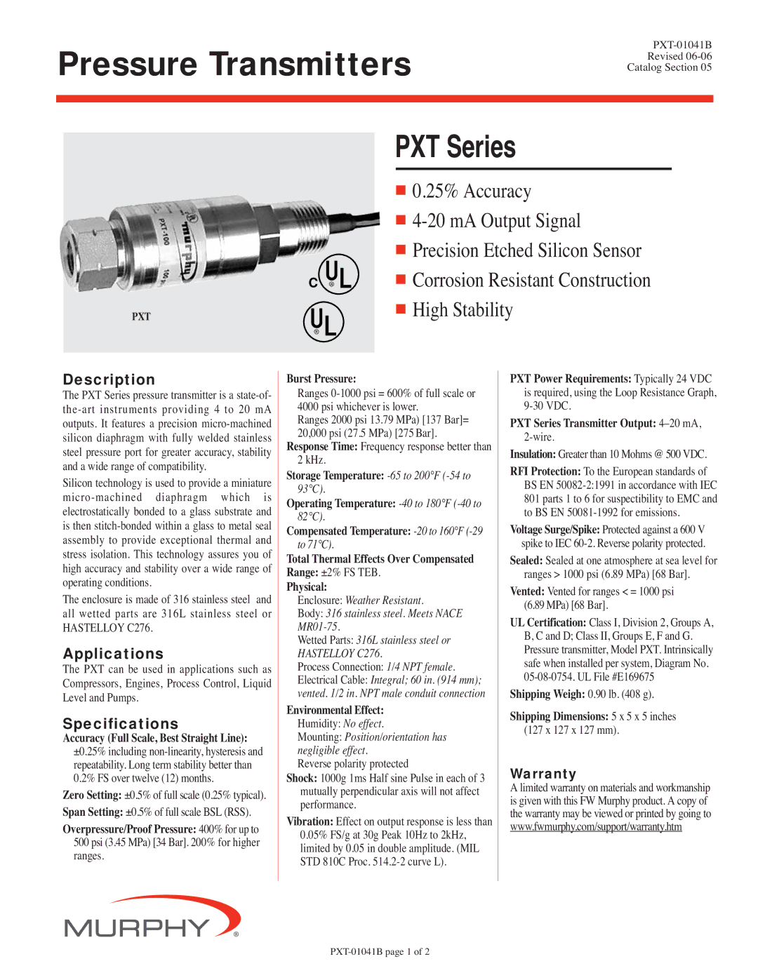 Murphy PXT-01041B specifications Description, Applications, Specifications 