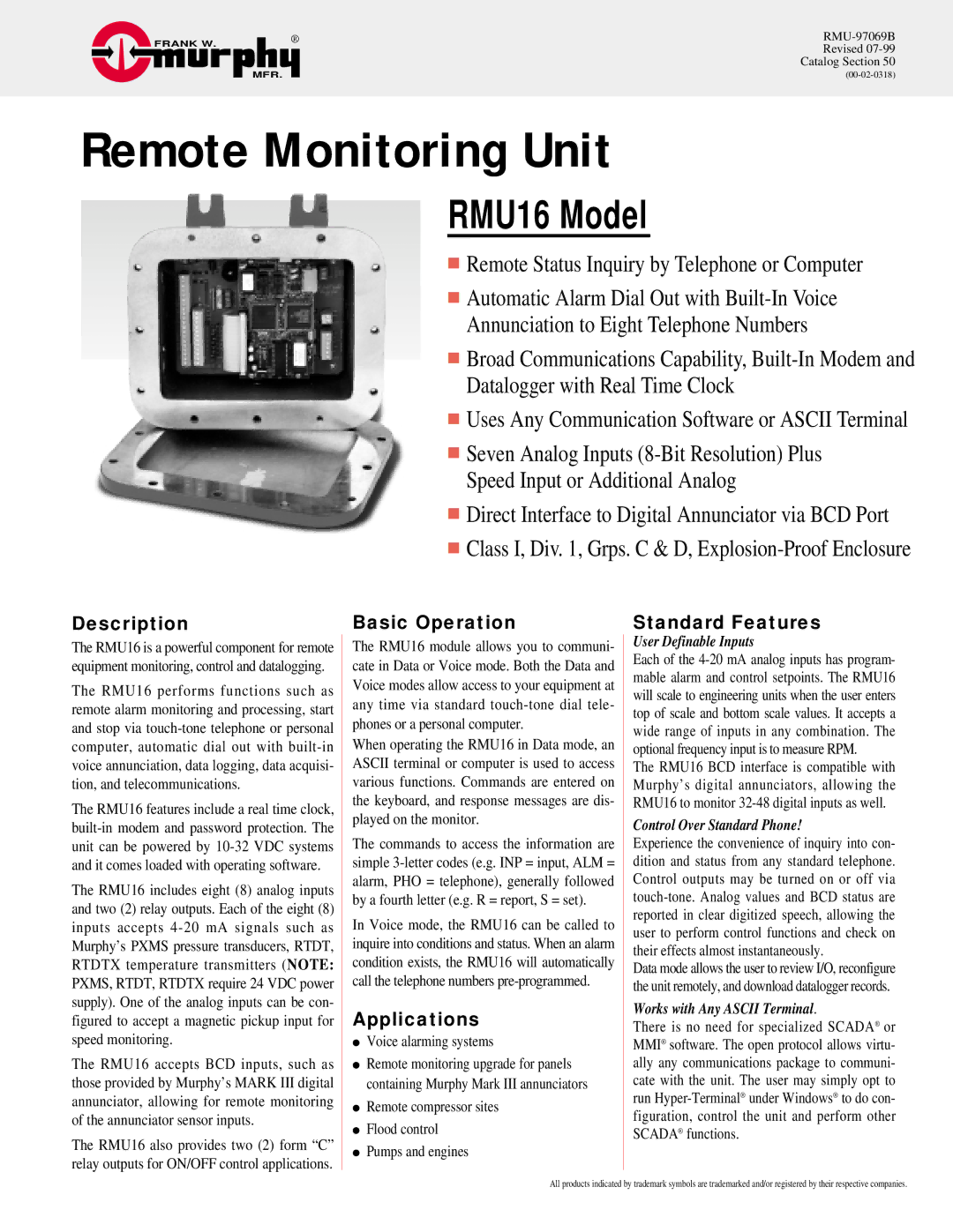 Murphy RMU16 manual Description, Basic Operation, Applications, Standard Features 