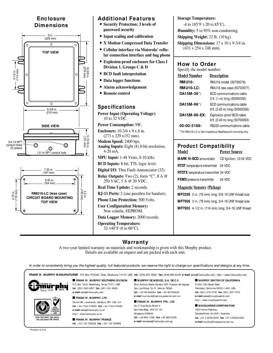 Murphy RMU16 Enclosure, Dimensions, Additional Features, Specifications, How to Order, Product Compatibility, Warranty 